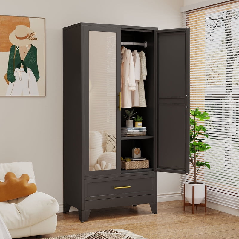 Ero Metal Freestanding Armoire Wardrobe Closet with Hanging Rod and Mirror