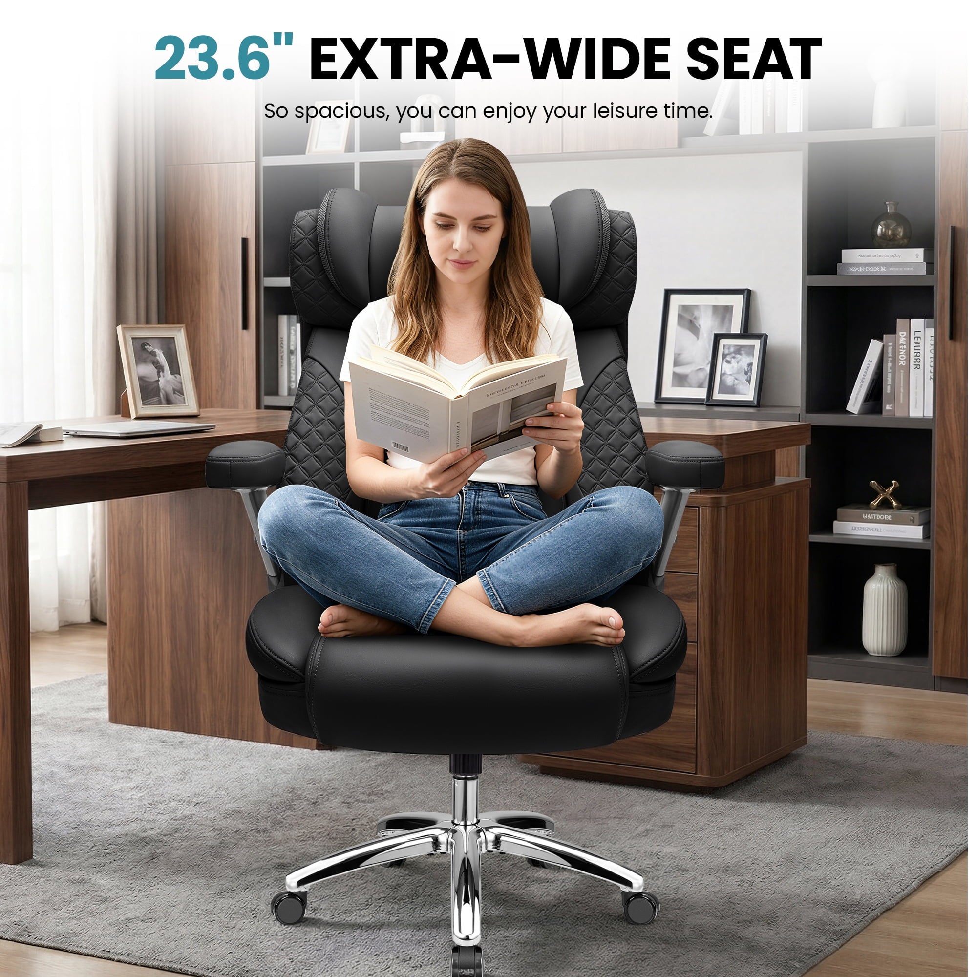 FASTES Leather Office Chair Big and Tall Desk Office Chair, 500lbs Computer Chair Ergonomic Extra Wide Gaming Chair with Adjustable Lumbar Support 5D Flip Arms, Black