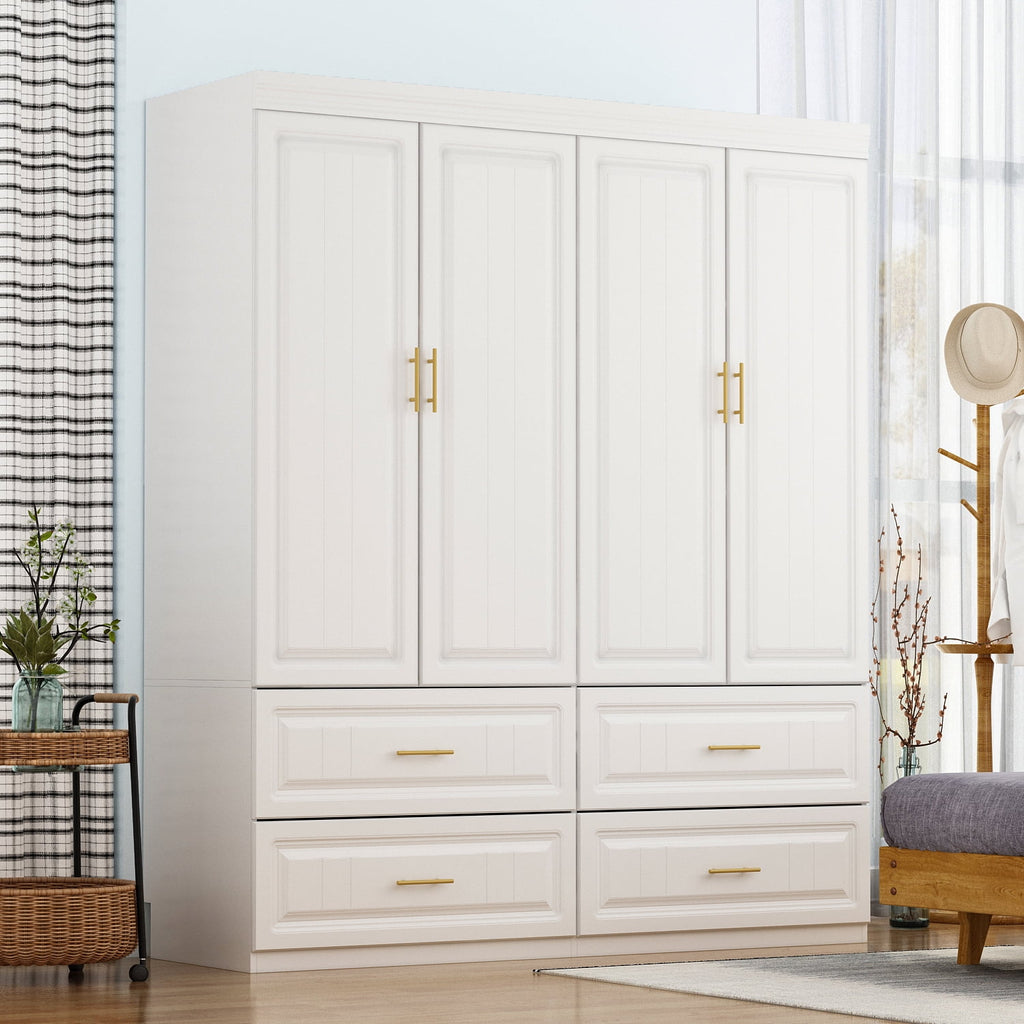 WIAWG 4 Door Wardrobe Closet with 4 Drawers & Shelves, Armoire Wardrobe Closet with Hanging Rod, for Bedroom White and Gold