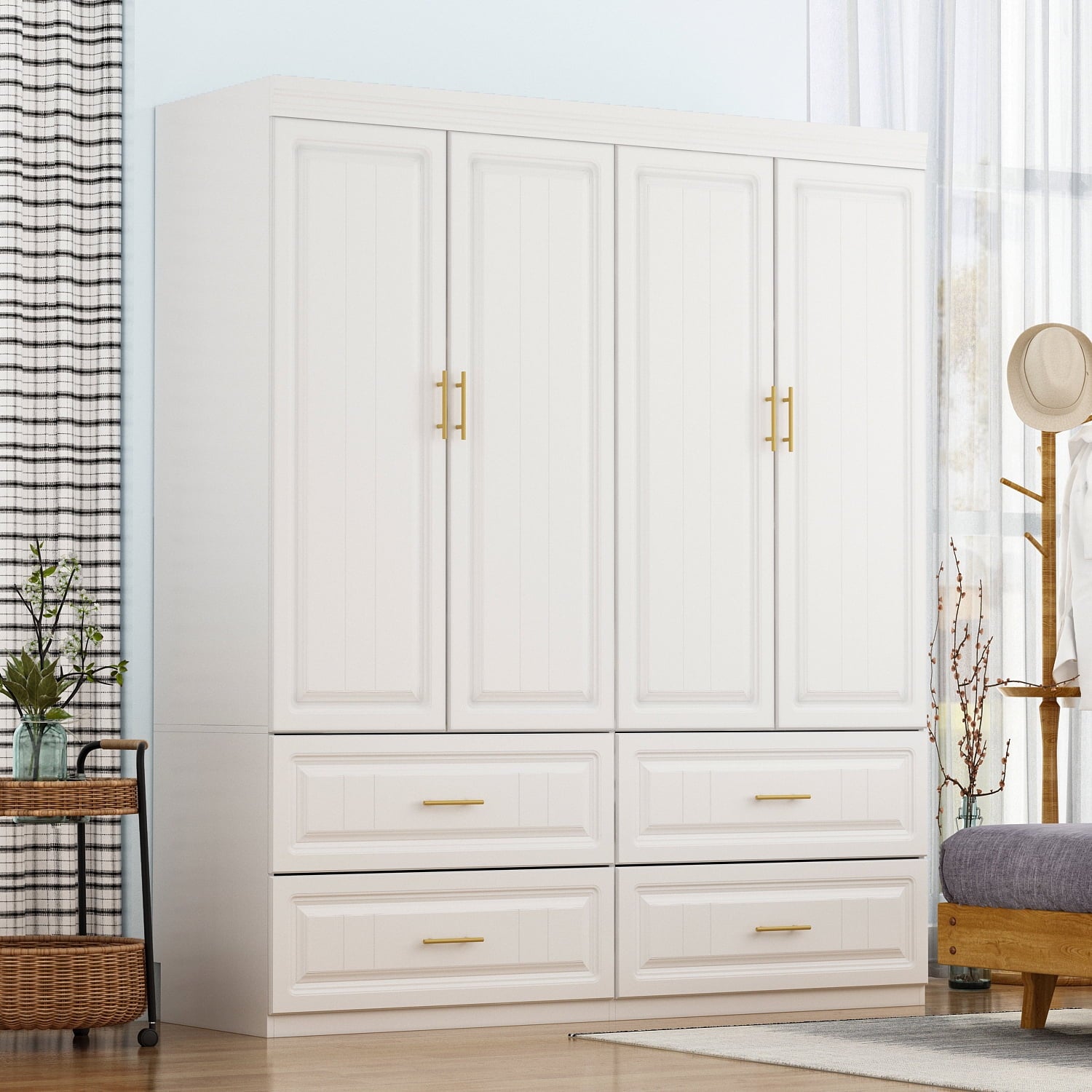 WIAWG 4 Door Wardrobe Closet with 4 Drawers & Shelves, Armoire Wardrobe Closet with Hanging Rod, for Bedroom White and Gold