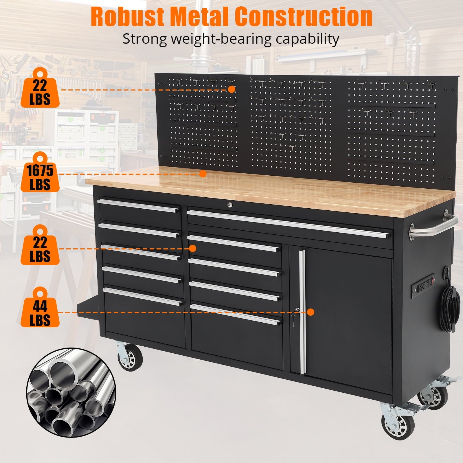 Garvee 61 Work Benches for Garage, Heavy Duty Work Table with 10 Drawers & Power Outlet, Black