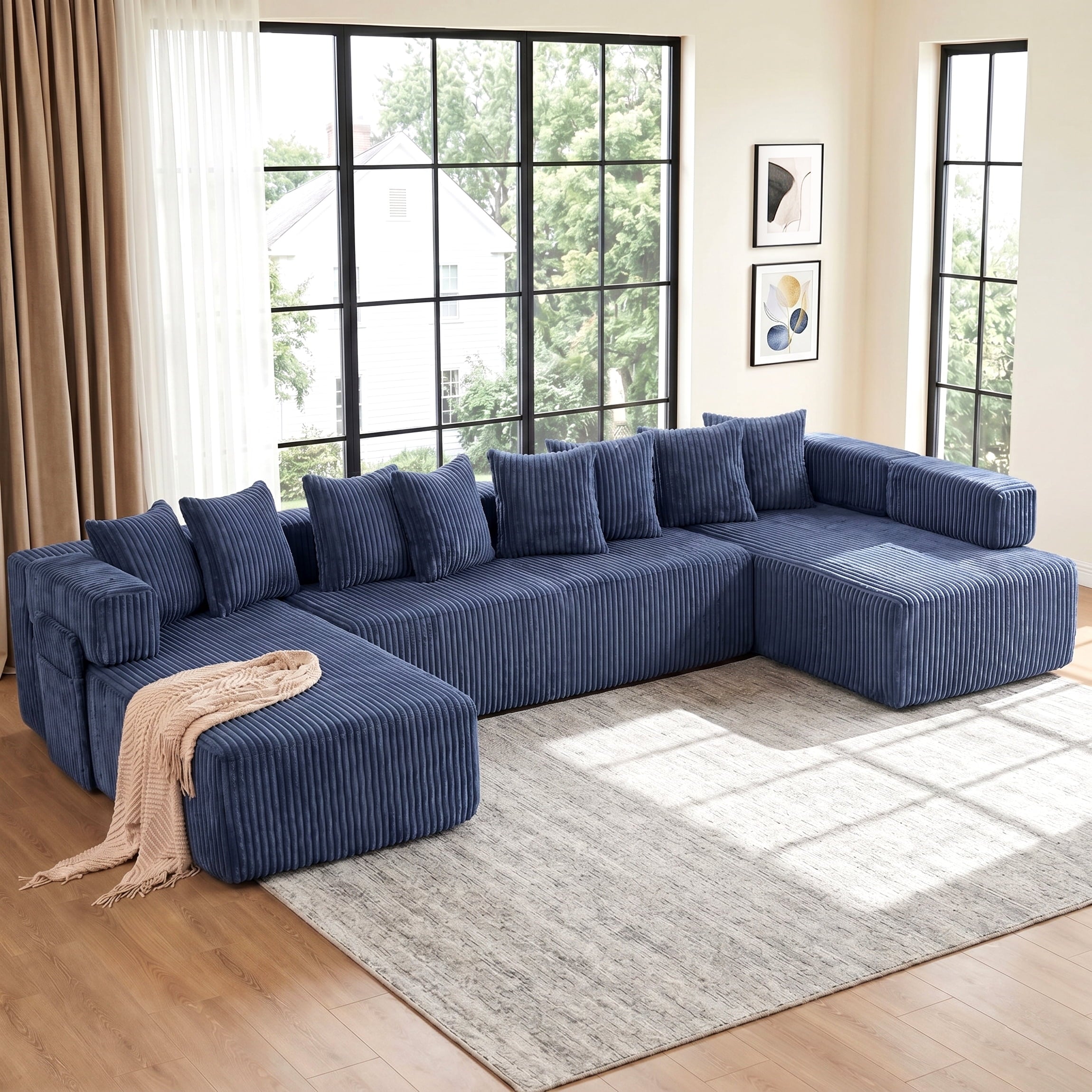 SOULART 138.5 U Shaped Sectional Couch,Gray Cloud Boneless Sofa For Living Room,Plush Corduroy Couches With Deep Seat Chaise Lounge,No Assembly Required