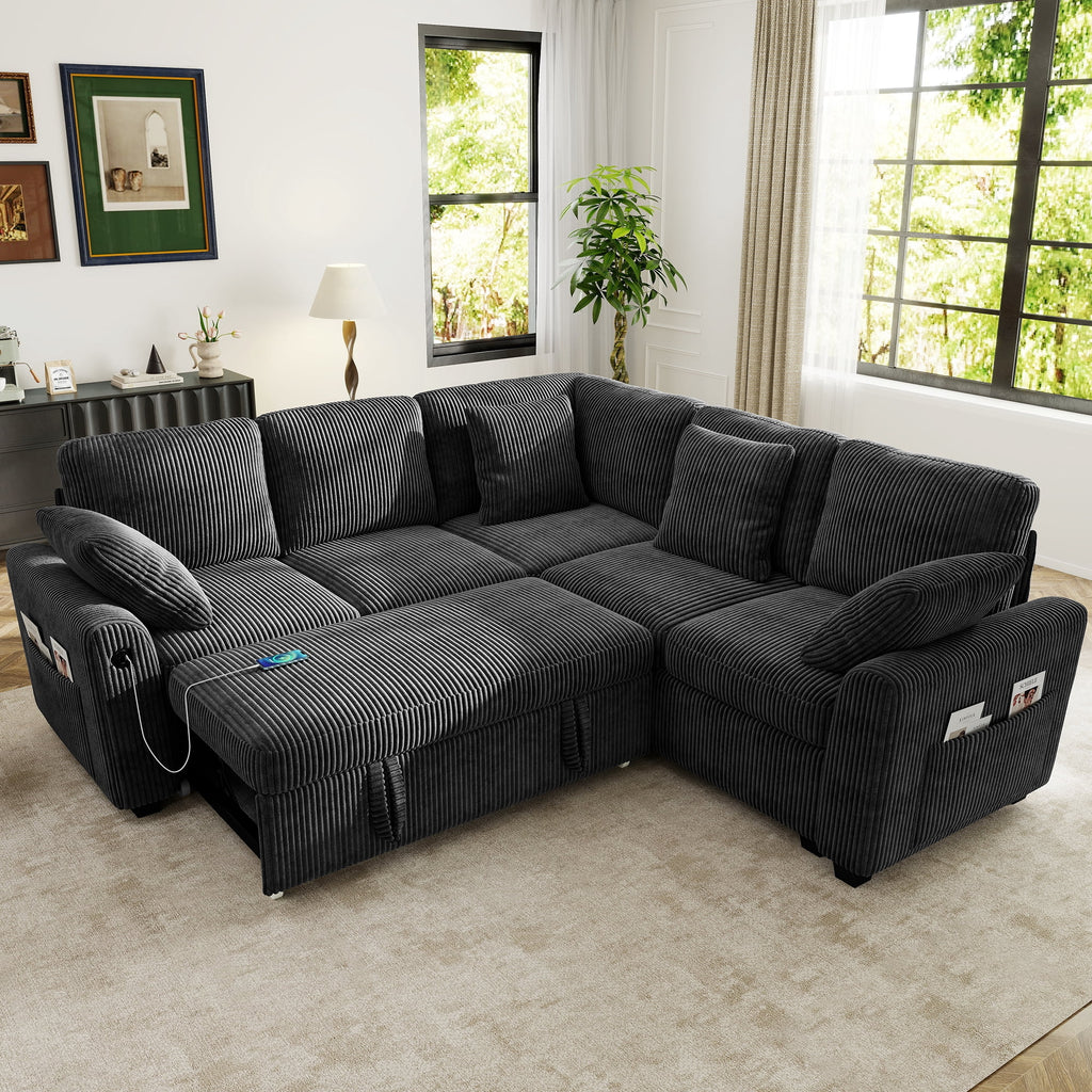 BedLuxury 83 Sectional Sleeper Sofa With Pull Out Bed, Storage Seat & USB Charging, L Shape Modern Couch for Living Room, Corduroy Gray