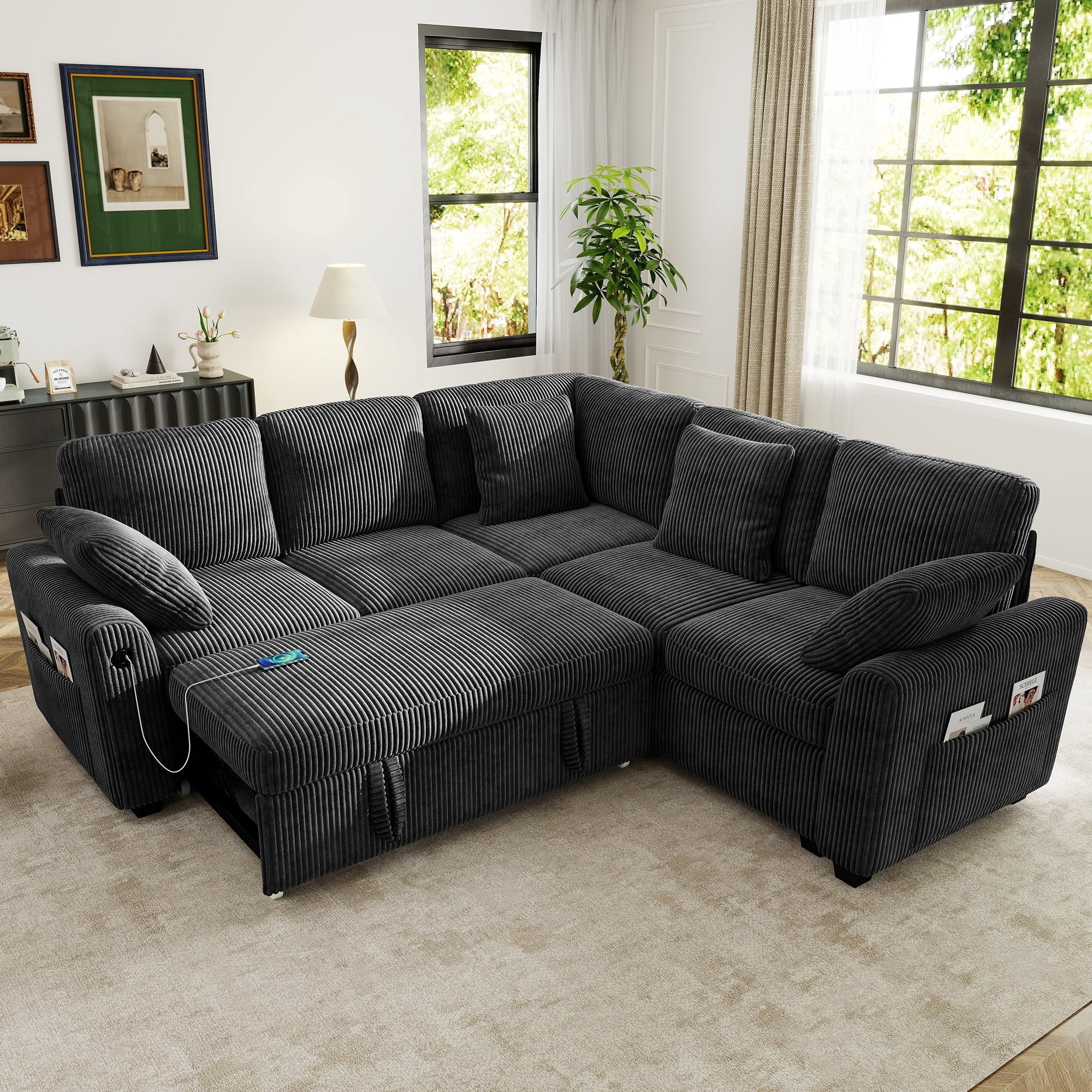 BedLuxury 83 Sectional Sleeper Sofa With Pull Out Bed, Storage Seat & USB Charging, L Shape Modern Couch for Living Room, Corduroy Gray