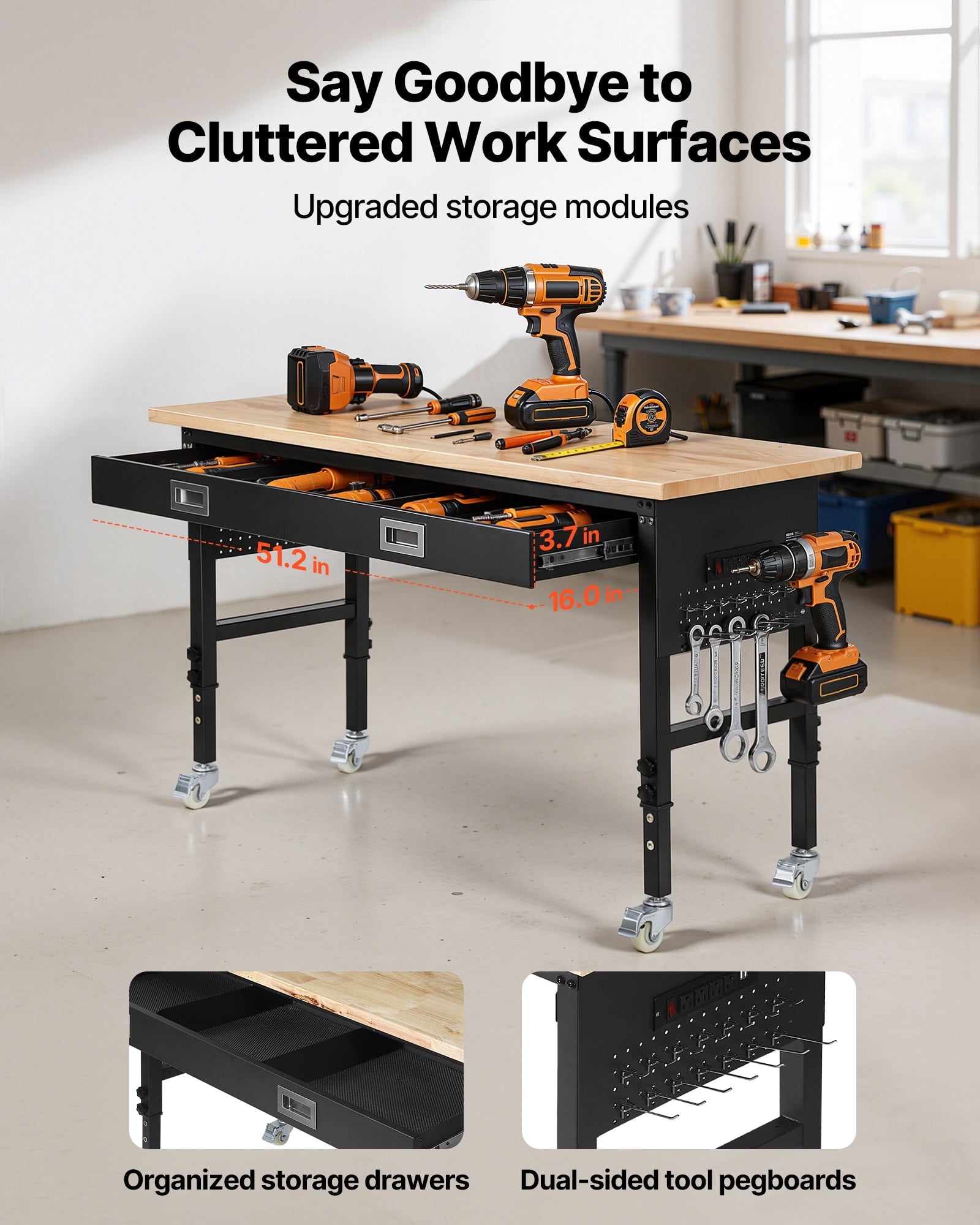 VEVOR 60-inch Adjustable Workbench, 1500 lbs Load Capacity, Garage Workbench with Drawer, Power Outlet, Wheels, and Pegboard, Heavy Duty Oak Wood Top Work Table for Garage, Workshop, Office, and Home