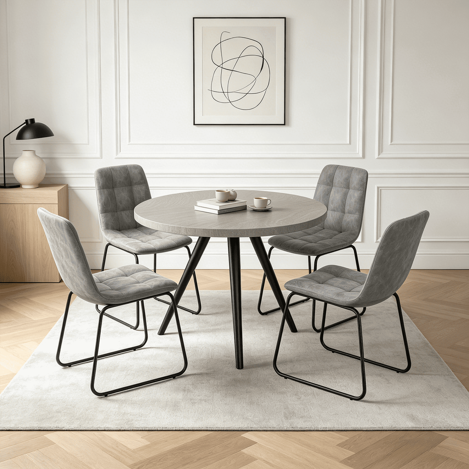 34.8 Round Dining Table Set for 4,5 Piece Mid-Century Modern Dining Set with 4 Upholstered Dining Chairs,Leisure Coffee Table for Kitchen Dining Room, Save Space