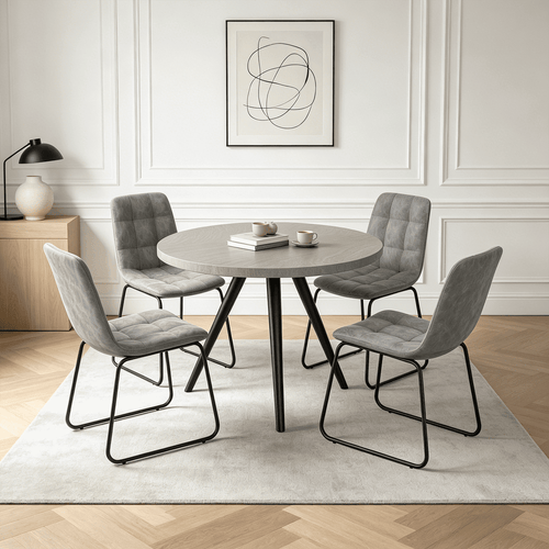 34.8 Round Dining Table Set for 4,5 Piece Mid-Century Modern Dining Set with 4 Upholstered Dining Chairs,Leisure Coffee Table for Kitchen Dining Room, Save Space