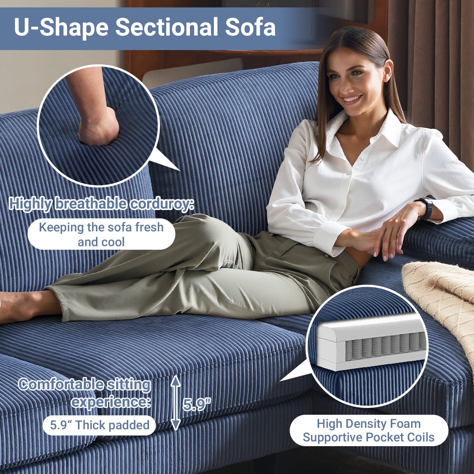 Ktaxon U-Shaped Sectional Sofa, 111  Chenille Couch, 4 Seat Lounge Sleeper with Double Chaise for Living Room Black