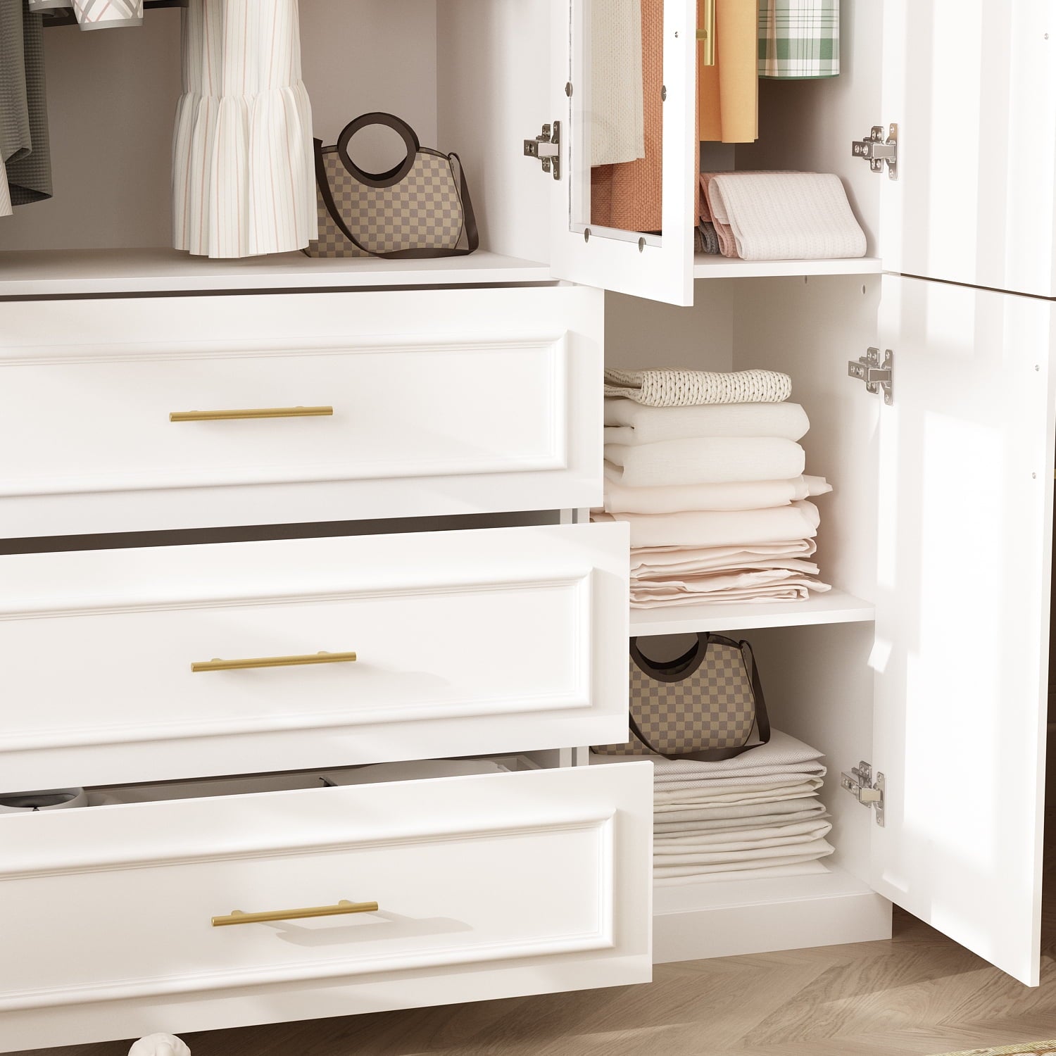 OxyLife 2 Door Wardrobe Armoire, White Closet Storage Organizer with Drawers and Shelves
