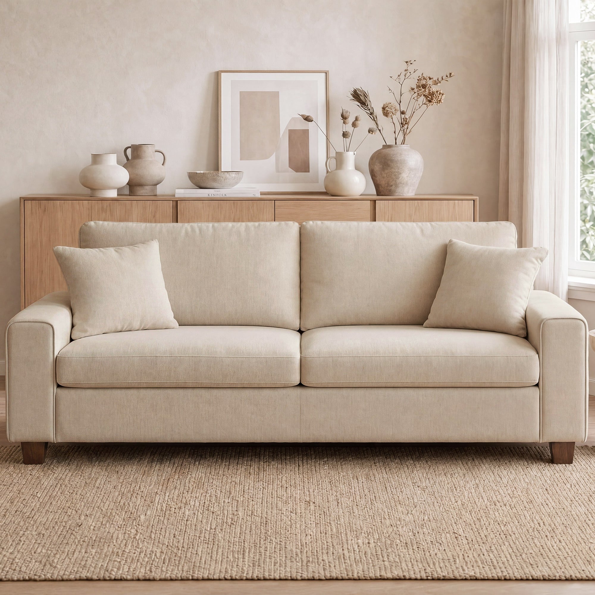 Poshby 88.58''W 3 Seater Sofa Couch with Chenille, Modern Square Arm for Living Room, Light Gray