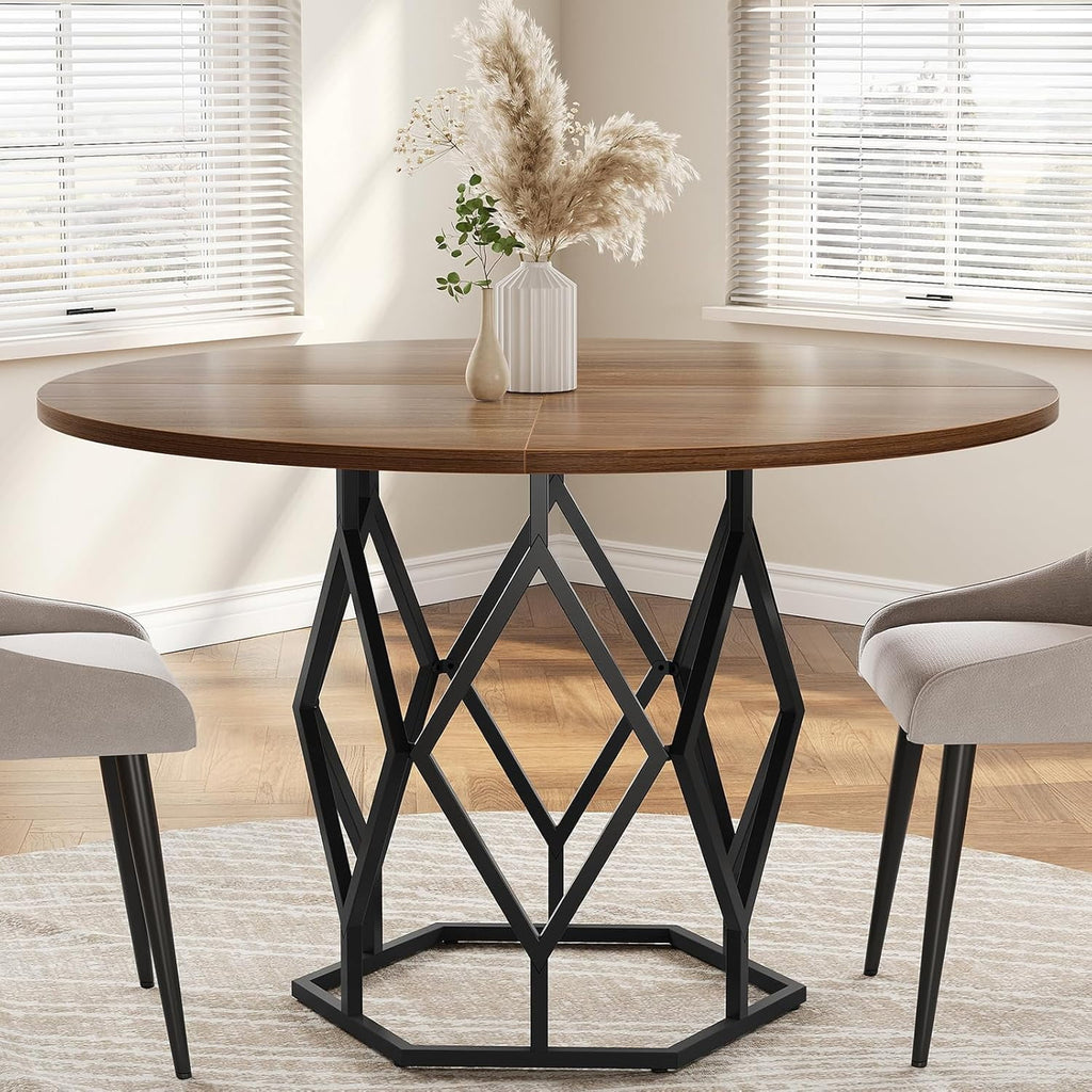 M optimized Round Dining Table for 4-6 People, 47 Farmhouse Kitchen Table, Modern Circle Dinner Table with Sturdy Base, Industrial Wood Dinning Room Table for Kitchen
