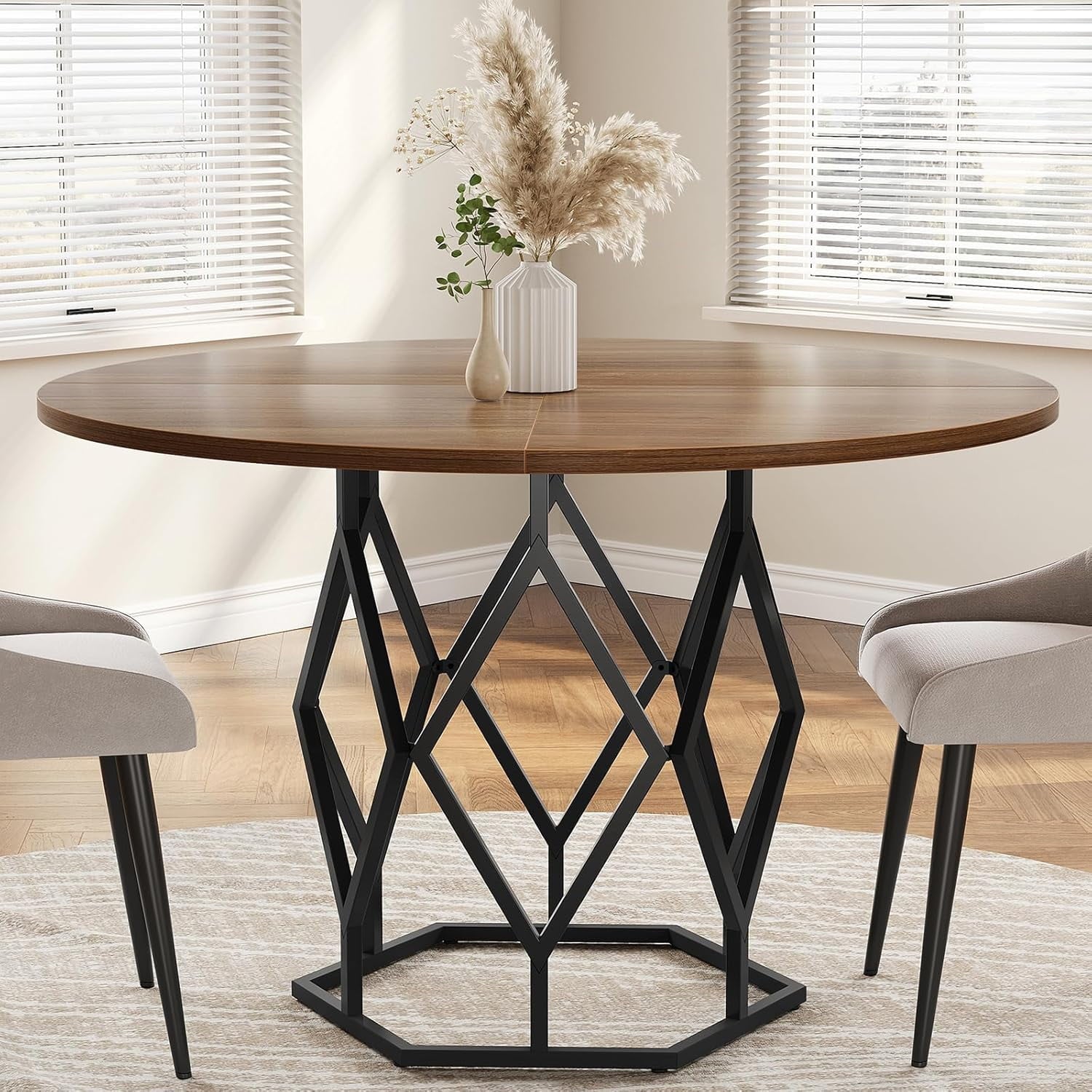 M optimized Round Dining Table for 4-6 People, 47 Farmhouse Kitchen Table, Modern Circle Dinner Table with Sturdy Base, Industrial Wood Dinning Room Table for Kitchen