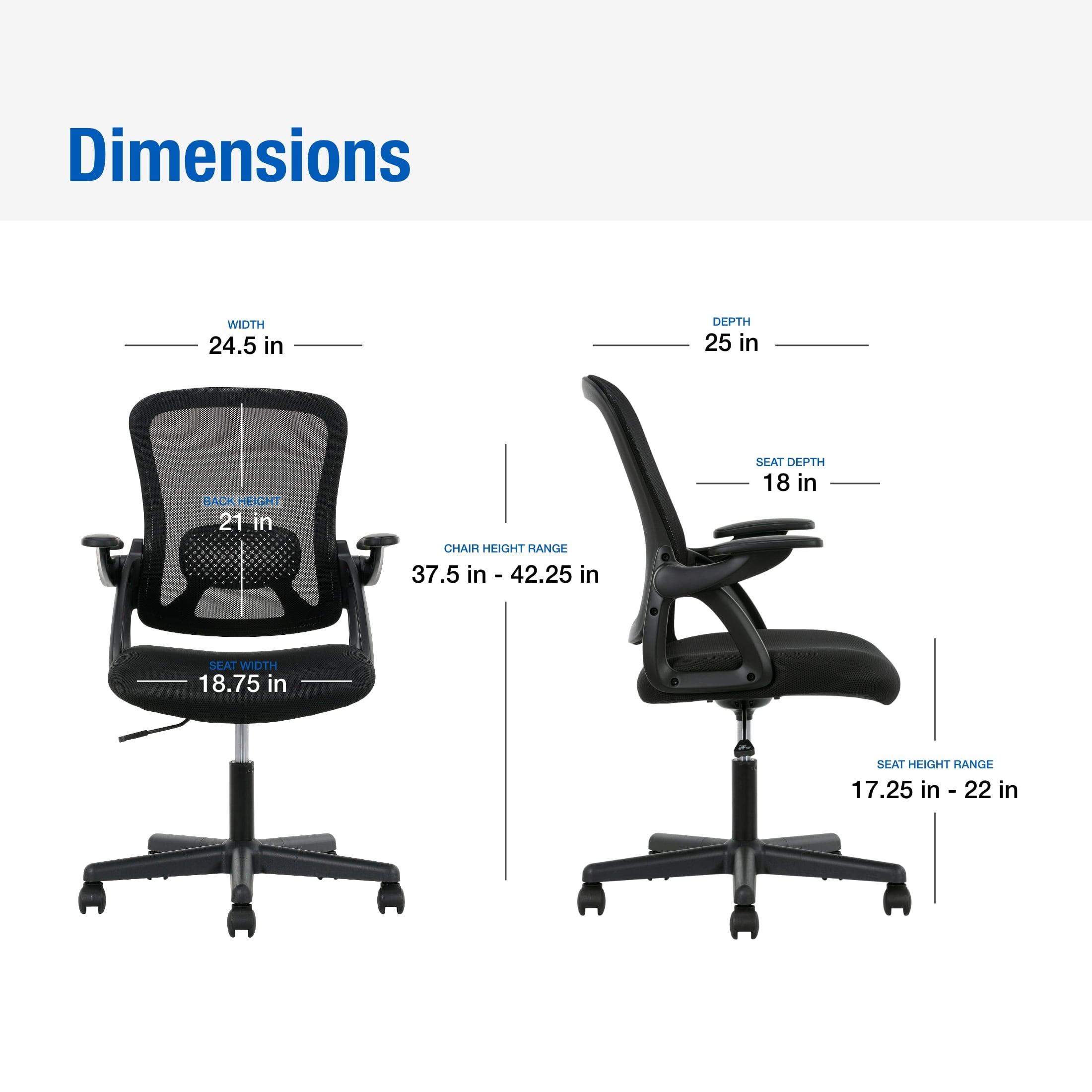 (3 pack) Mainstays Ergonomic Mesh Back Office Chair with Flip Up Arms for Adults, Black Fabric, 275lb