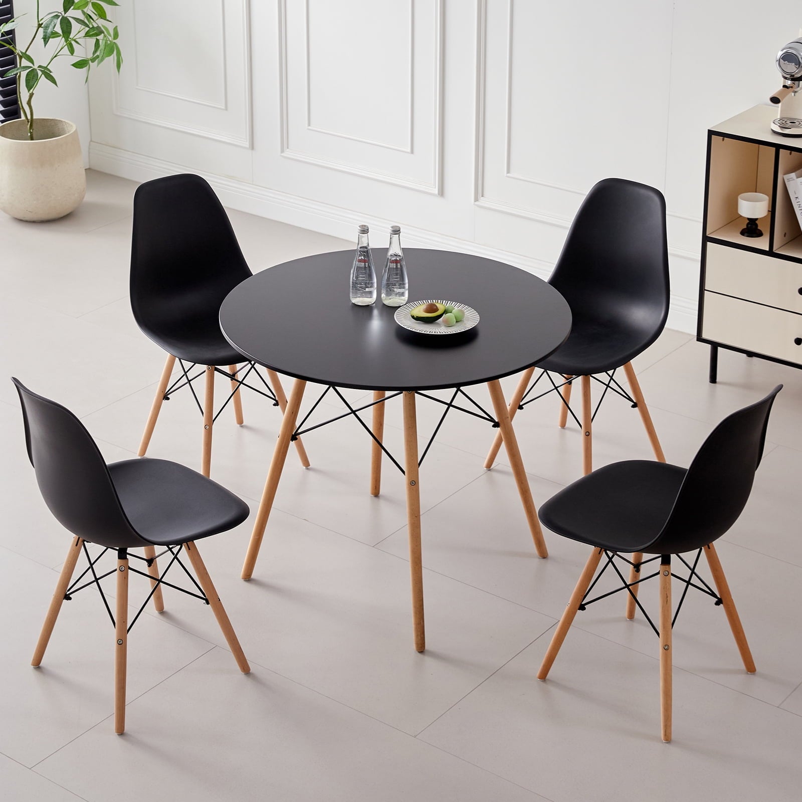 5-Piece 35.5'' Round Dining Table Set for 4, Kitchen Table Chair Set of 4, Mid-Century Modern Dinette Dining Room Table Set Dinner Table for 4 W/Solid Wood Legs, White