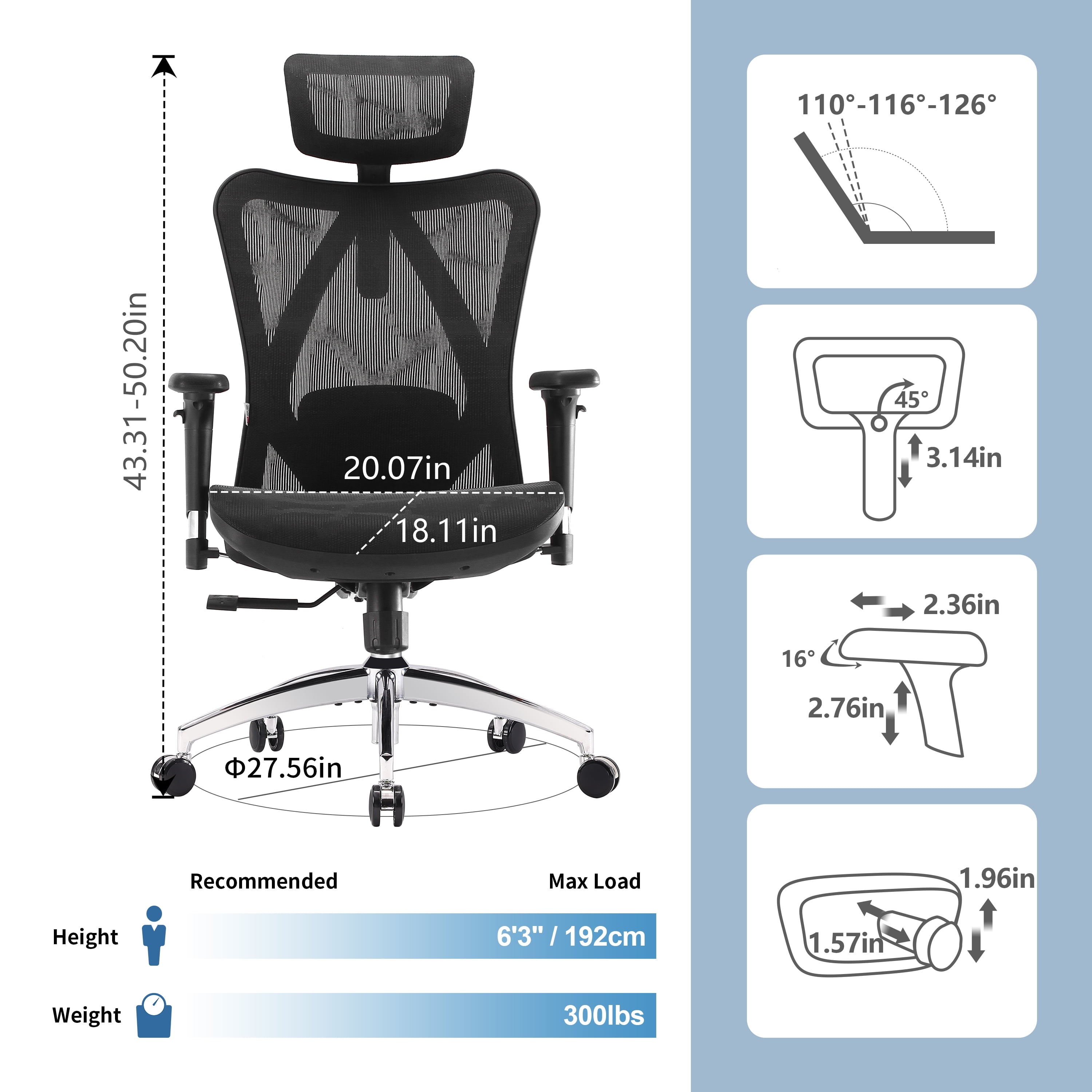 Sihoo M57 Ergonomic Office Chair, Adjustable Swivel Mesh High Back Desk Chair with Headrest, Lumbar Support, Black