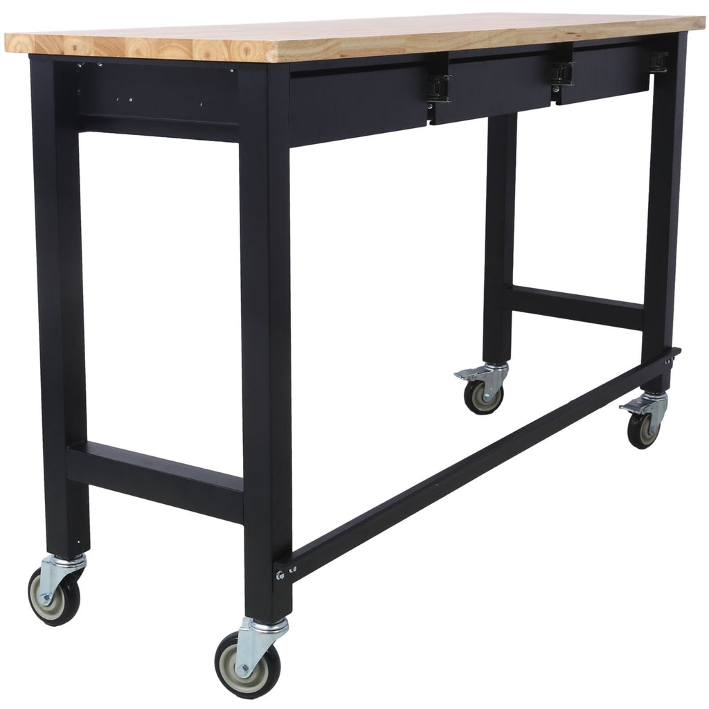Office Desks 60in Work Bench, Workbench with Drawer Storage, Heavy Duty Bamboo Wood Work Table with Wheels for Garage Home Office,Wooden Office Desks
