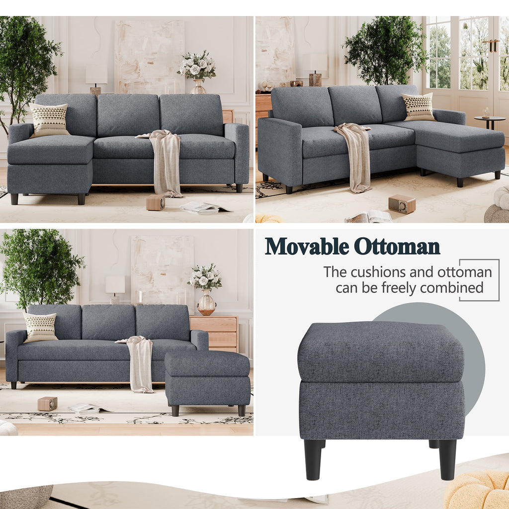 Walsunny 73.6 Convertible Sectional Sofa Couch, L-Shaped 3-Seat Sofa Couch with Reversible Chaise for Small Space,Dark Gray