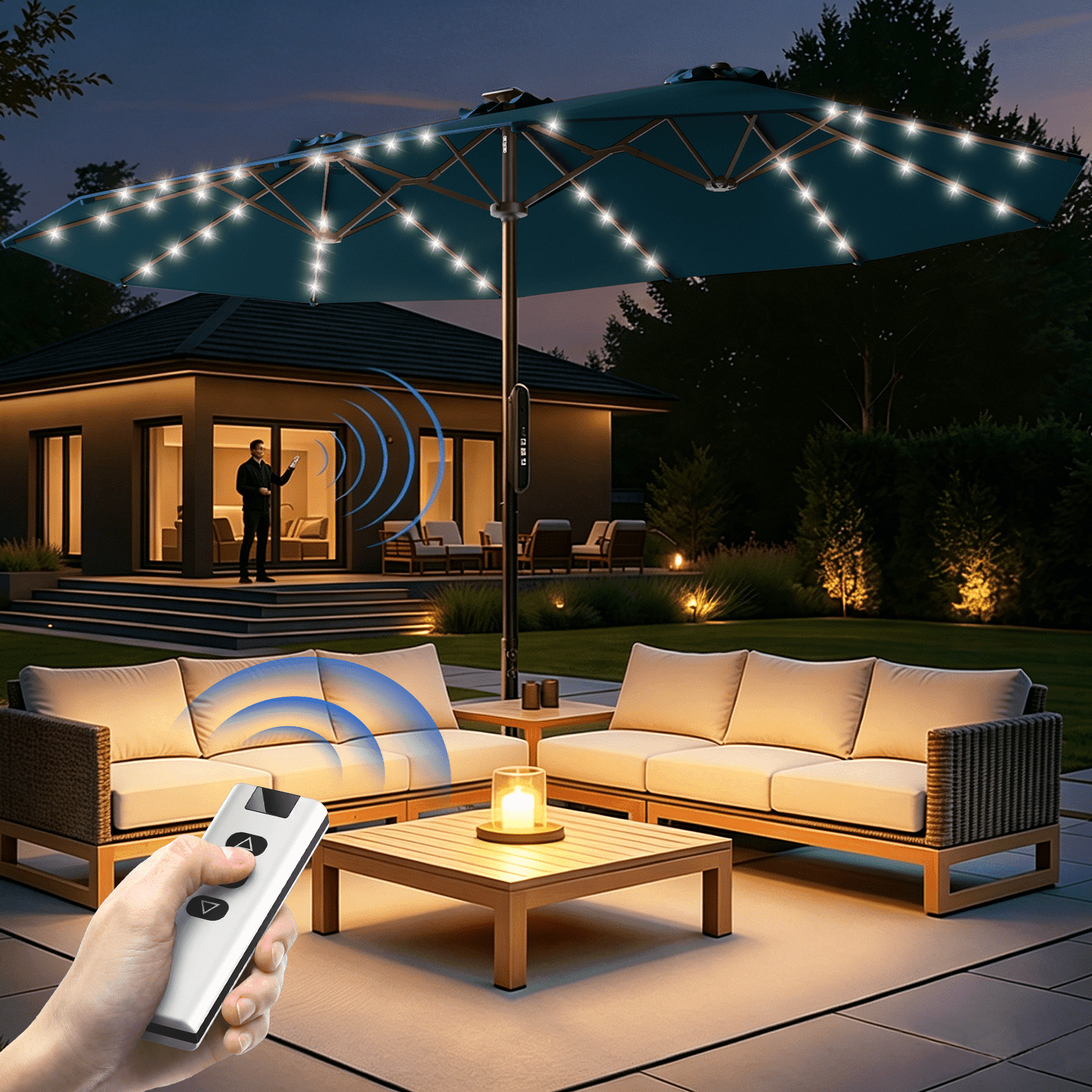 15ft Smart Electric Patio Umbrella, Large Double Sided Rectangular Outdoor Patio Umbrella with Light and Base for Lawn, Garden, Backyard,Beige
