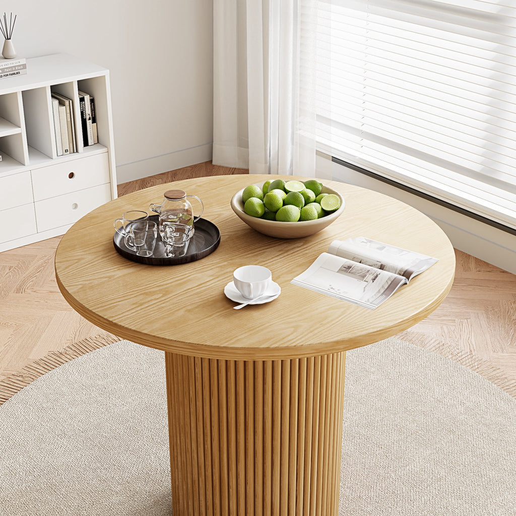 Rophefx 35.4 Solid Wood Round Dining Table with Handcrafted Relief Pedestal,Circle Dining Table,Natural