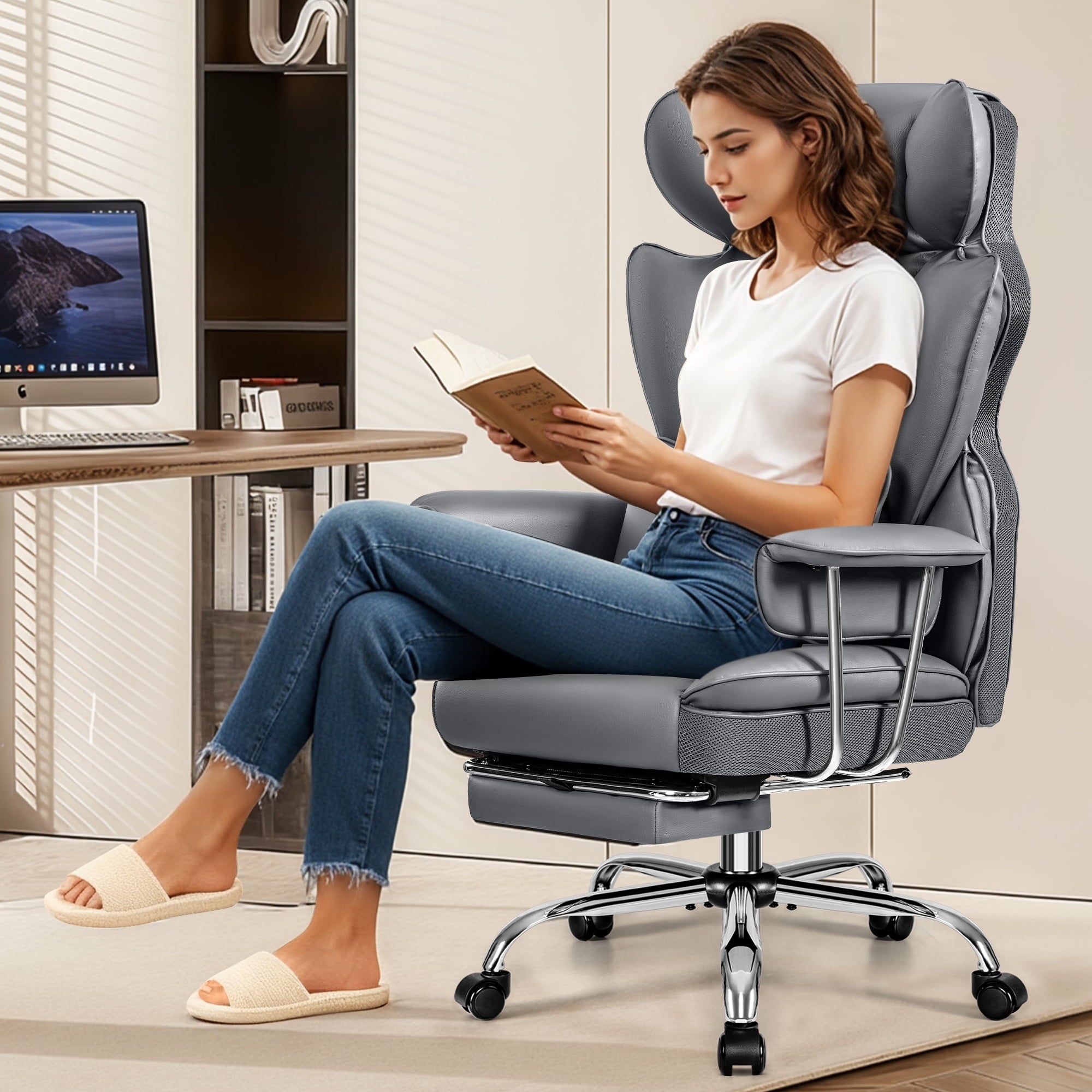 COOLHUT Big and Tall Office Chair 500LBS Wide Seat Ergonomic Computer Desk Chair, PU Leather Executive Office Chair with Footrest, Adjustable Task Chair Lumbar Back Support 8 Hour, Black