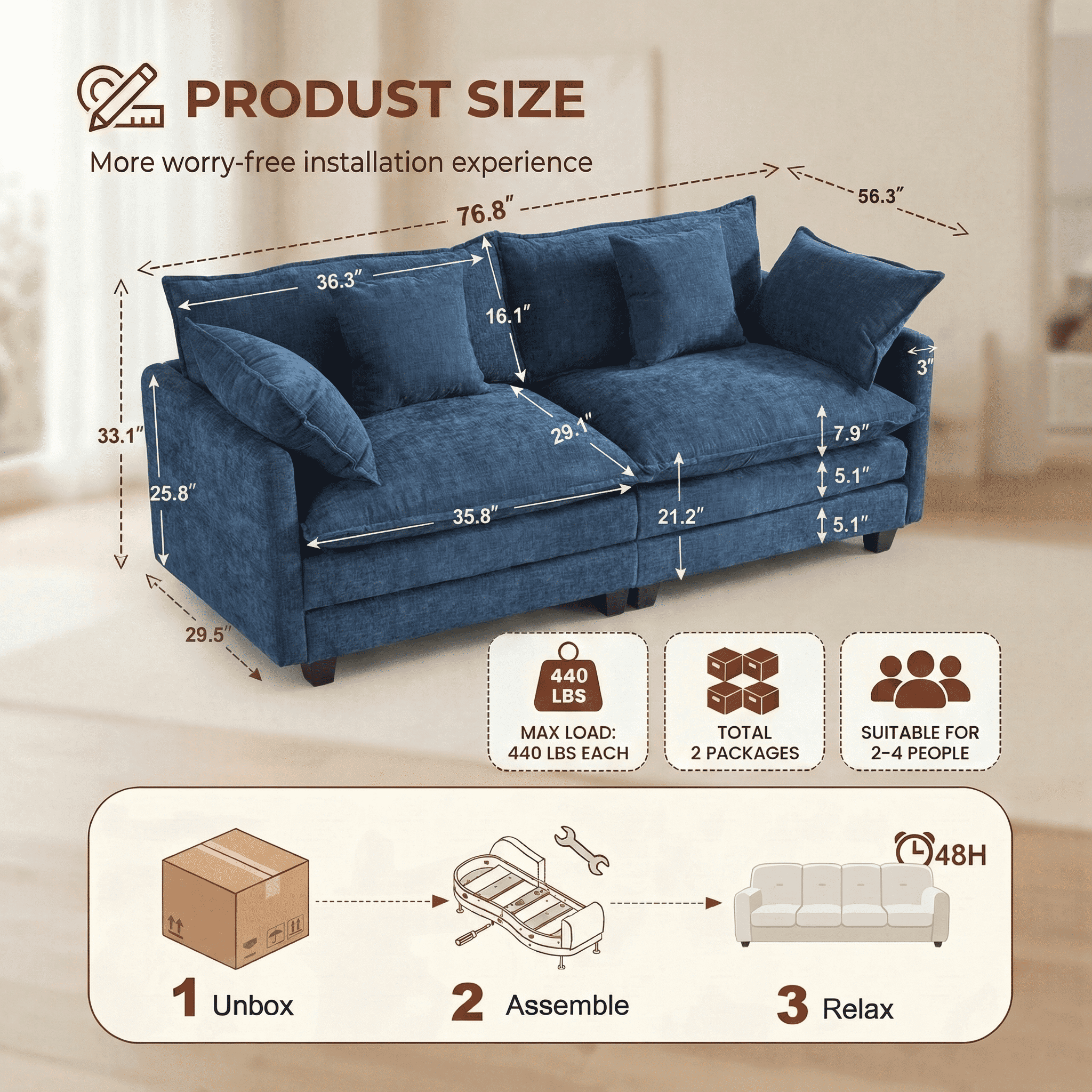 Dioepic Cloud Chenille 3-Seat Living Room Sectional Sofa Modern Cloud Couch 111.4 with Ottoman & 3 Pillows, Grey