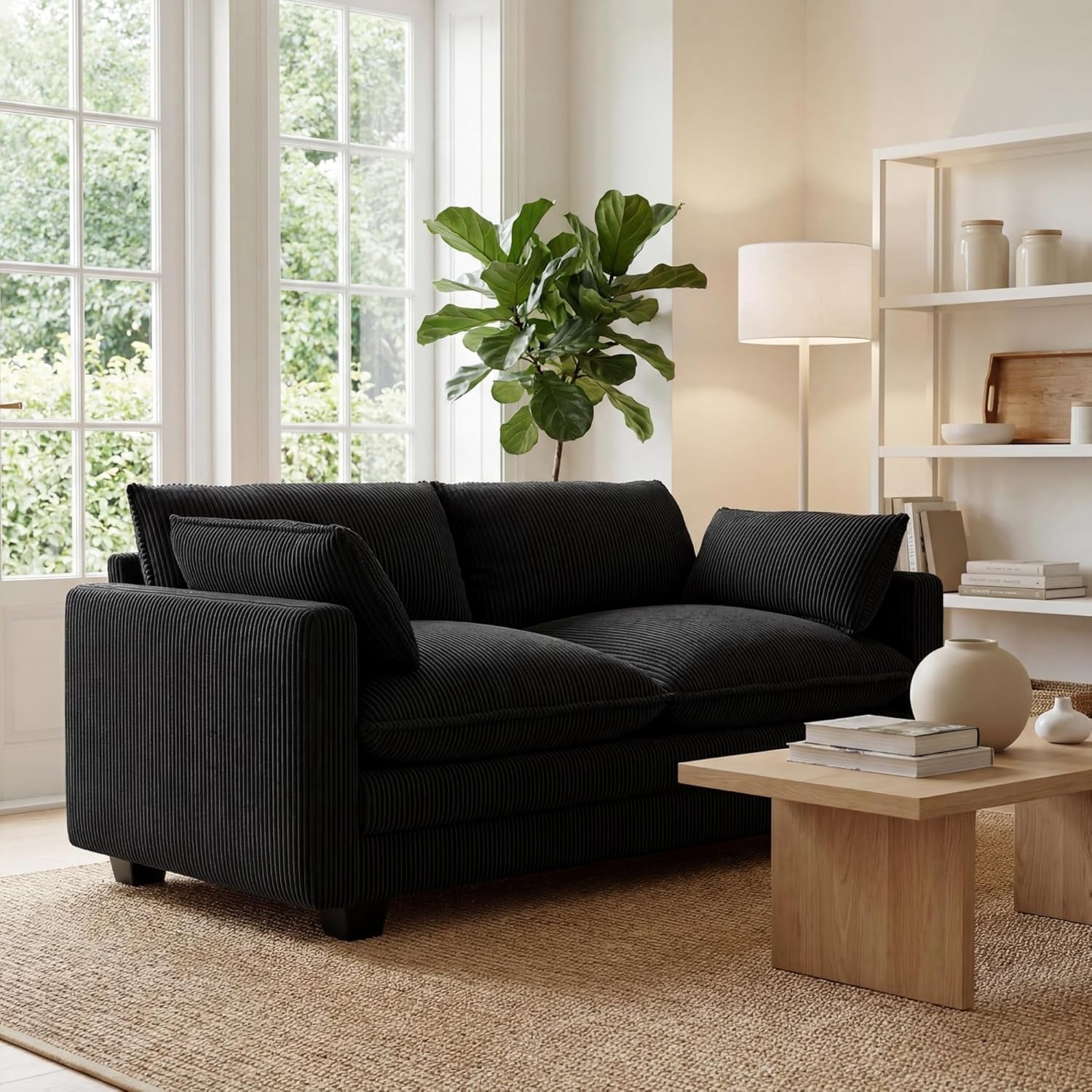 110'' Oversized L Shaped Couch for Living Room, Cloud Couches with Washable Corduroy Cover, Modern 4-Seater Comfy Deep-Seat Sofa with Movable Ottoman and 2 Throw Pillows for Apartment, Gray