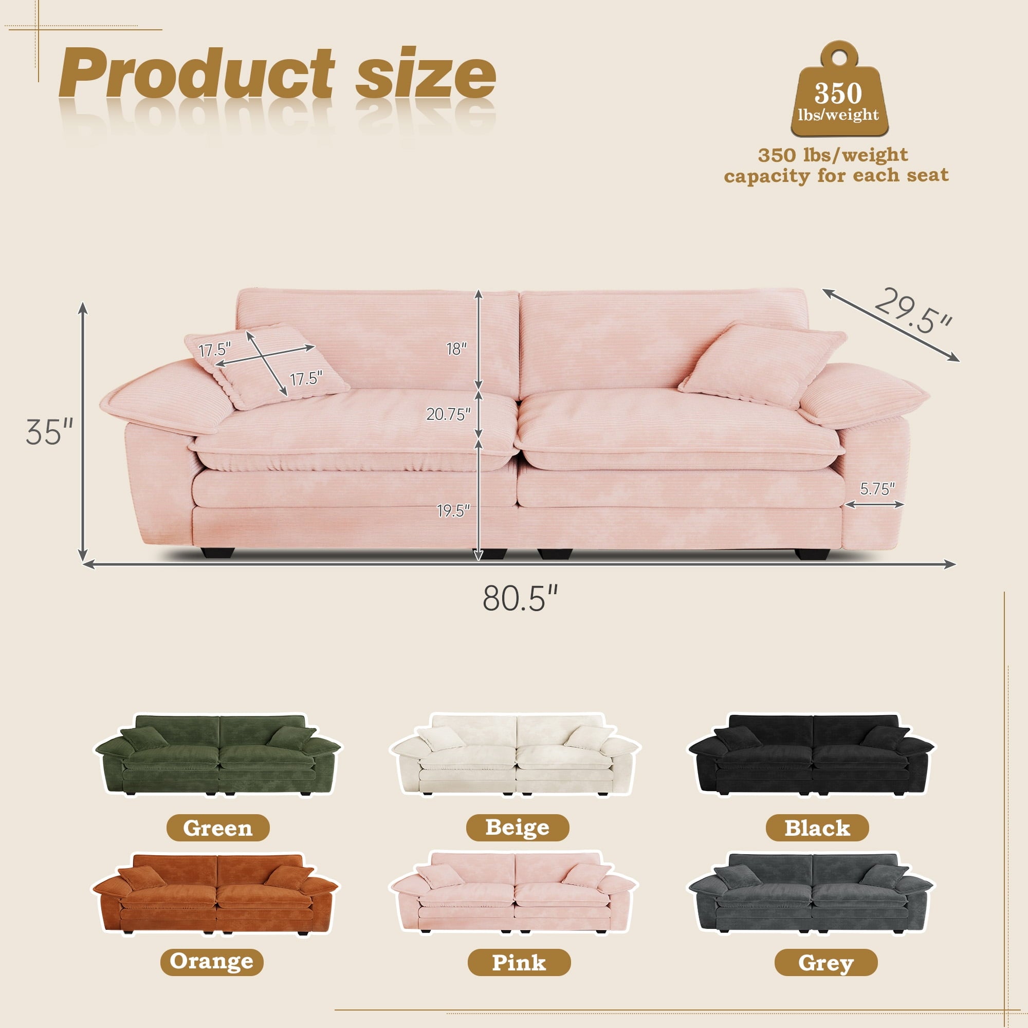 Muumblus 80.5 Corduroy Loveseat Sofa, Oversized Upholstered 2-Seater Fluffy Cloud Sleeper Couch for Living Room/Apt, Pink