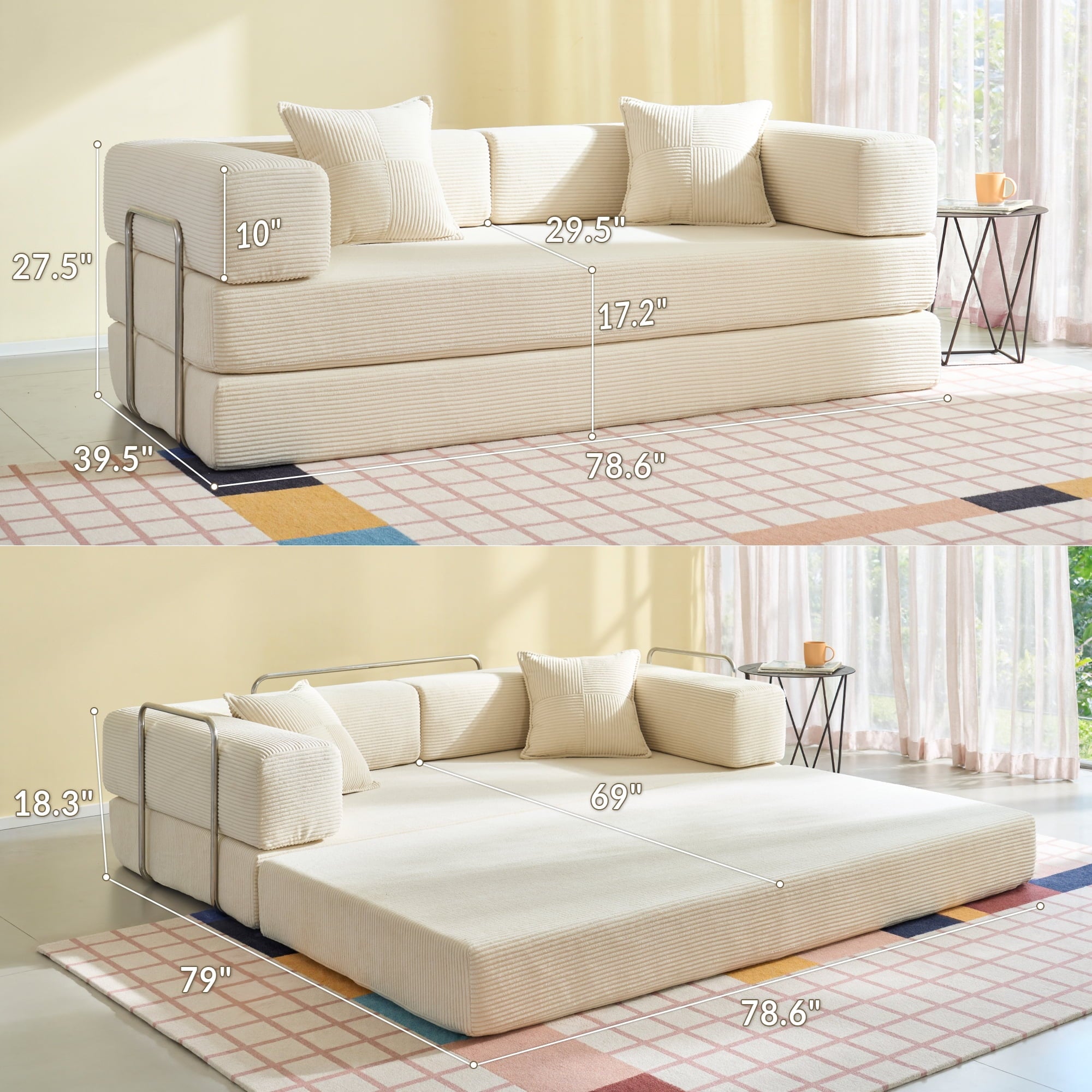 YINIX 78,6 Convertible Sofa Couch with 2 Pillows, Sleeper Sofa Bed for Living Room, Small Spaces, Orange