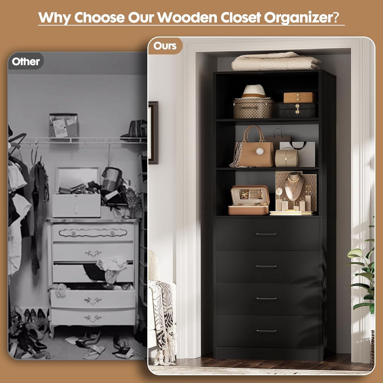 Homieasy 21.3 Inch Freestanding Closet System with 4 Wood Drawers and 3 Shelves for Walk-in Closet, Bedroom, White
