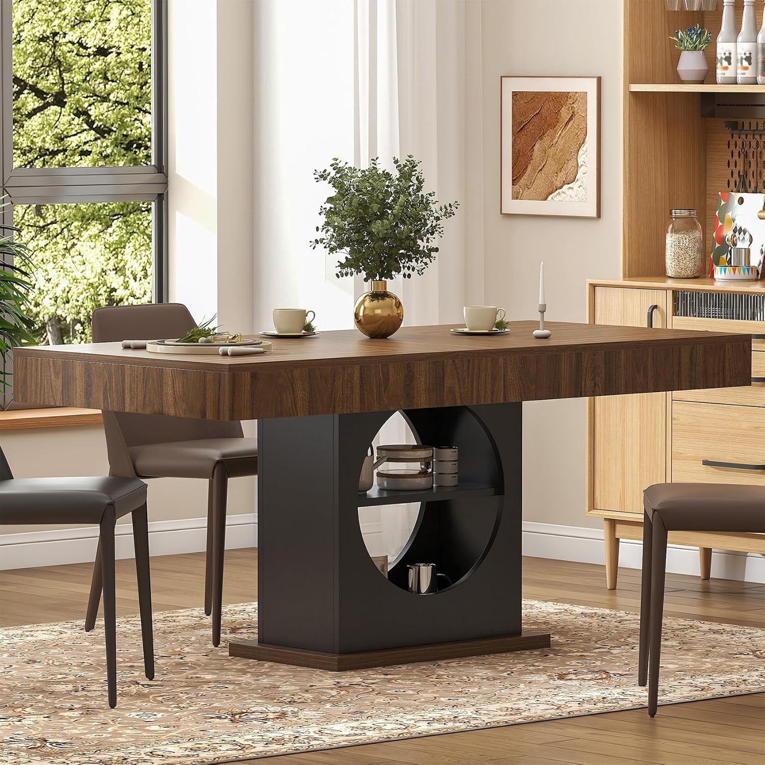 HAUXITIO 55 Inch Dining Table with LED Lights & 2 Drawers,Wooden Pedestal Base Table for 4-6 People,for Kitchen & Dining Room,White& Rustic Brown