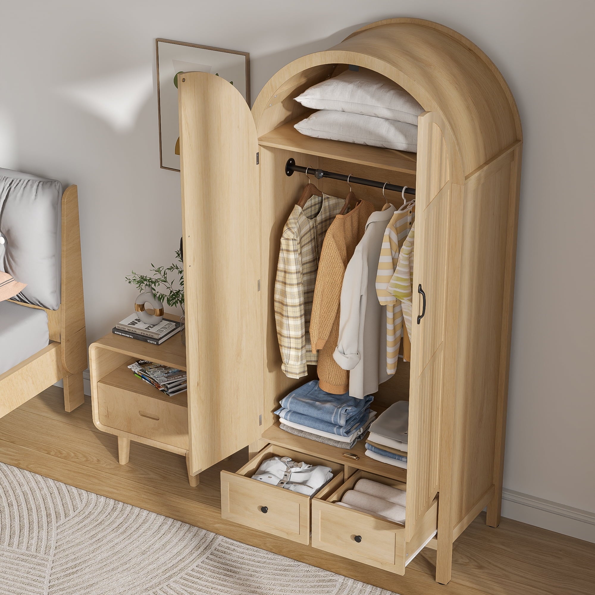 Armoire Wardrobe Closet, Wardrobe Cabinet with Drawers and Hanging Rod, Wooden Armoire Closet for Bedroom, Walnut
