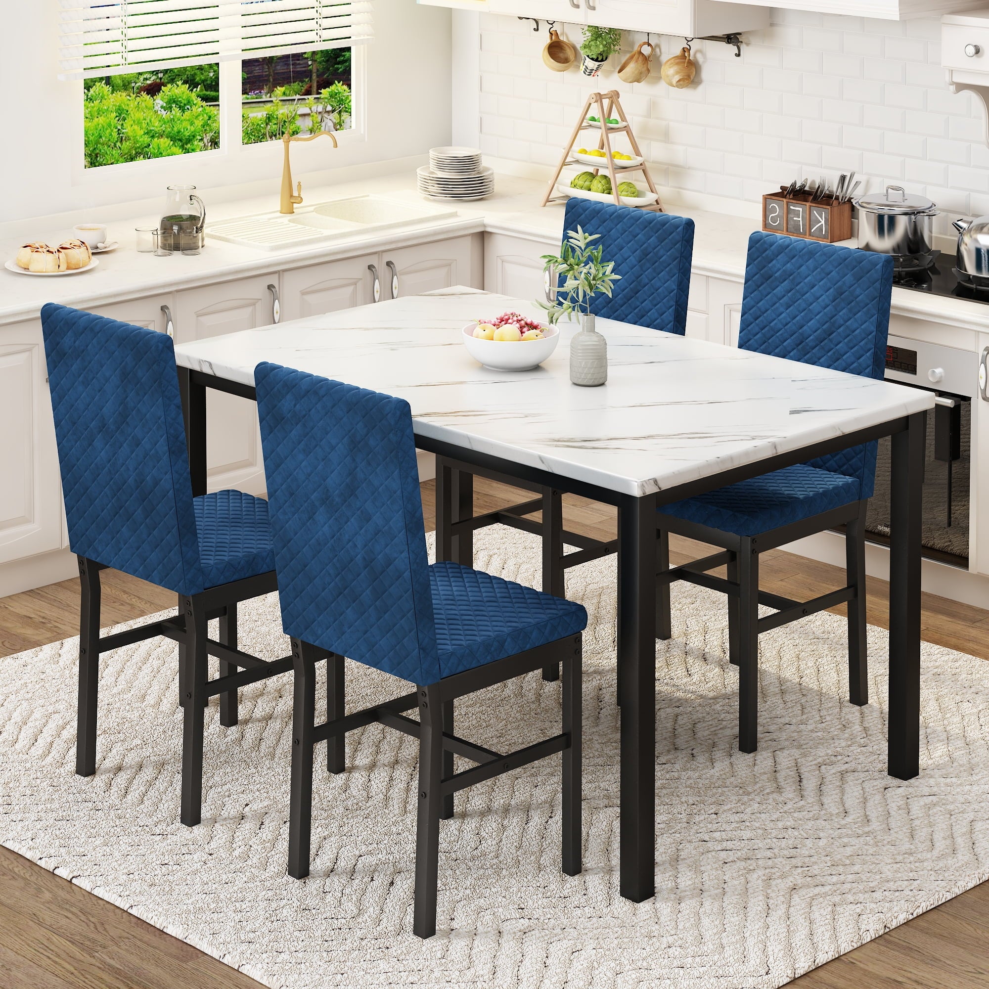 Cvortll 5 Piece Dining Table Set, Kitchen Table and Chairs Set for 4 with Faux Marble and 4 Velvet Upholstered Dining Chairs for Home, Restaurant, Black & Black