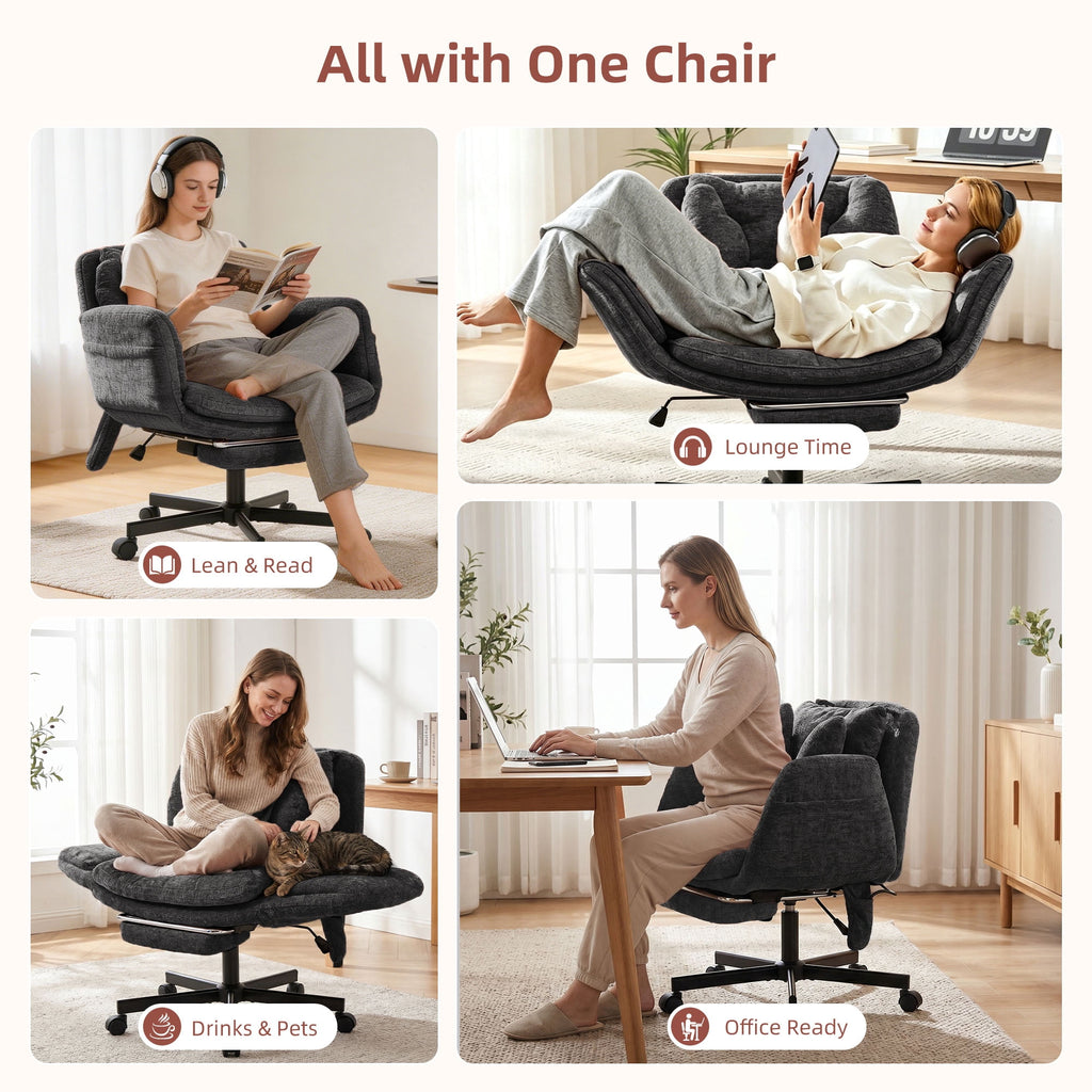 Hforesty Cross Legged Office Chair, Inflatable Flip-up Back & Wide Seat, 5-Position Armrests & Footrest, Ergonomic Task Chair for Home Office, Gray