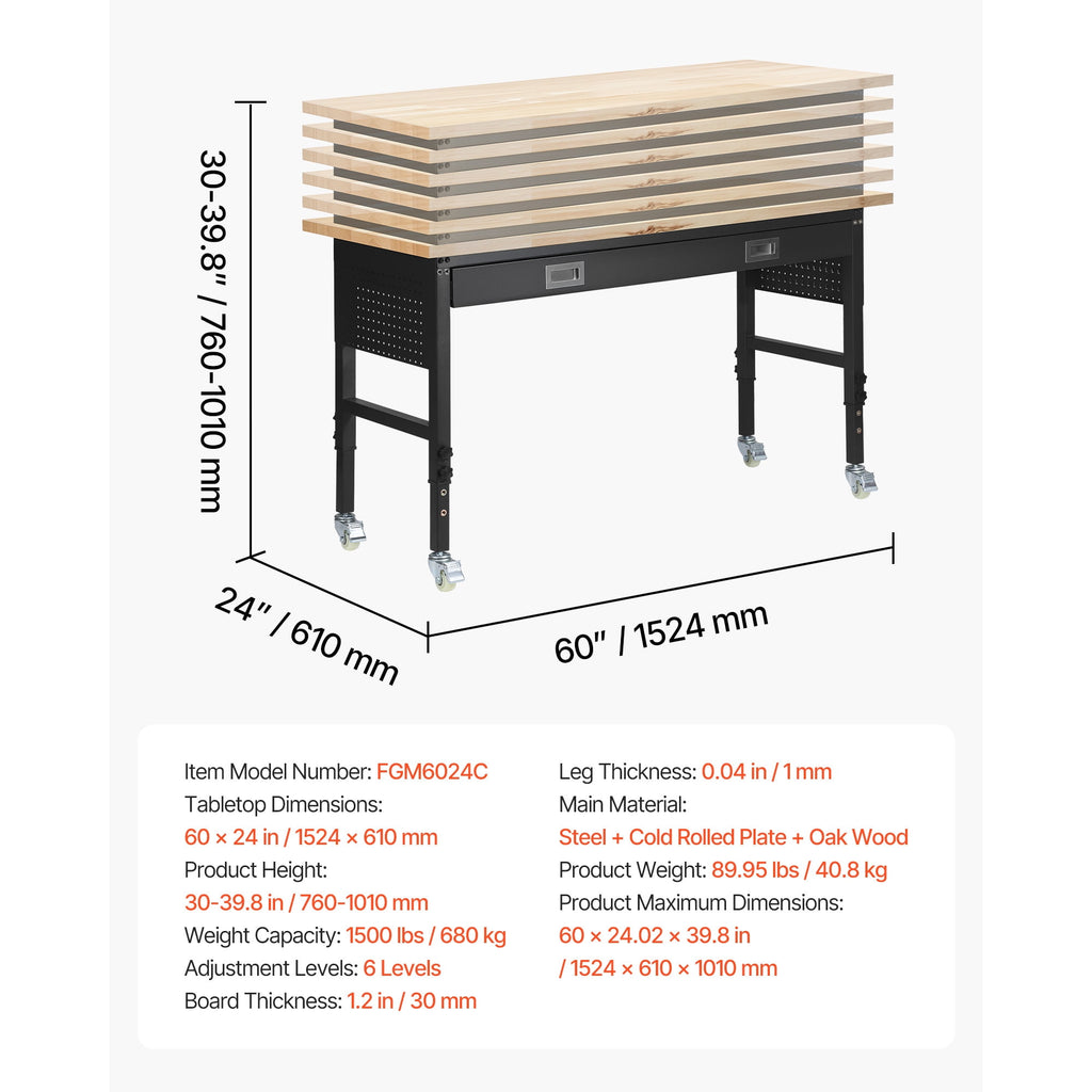 KFFKFF 60-inch Adjustable Workbench with Drawer, Power Outlet, Wheels, and Pegboard, Durable Oak Wood Top Work Table for Garage, Workshop, Office, and Home, Supports Up to 1500 lbs