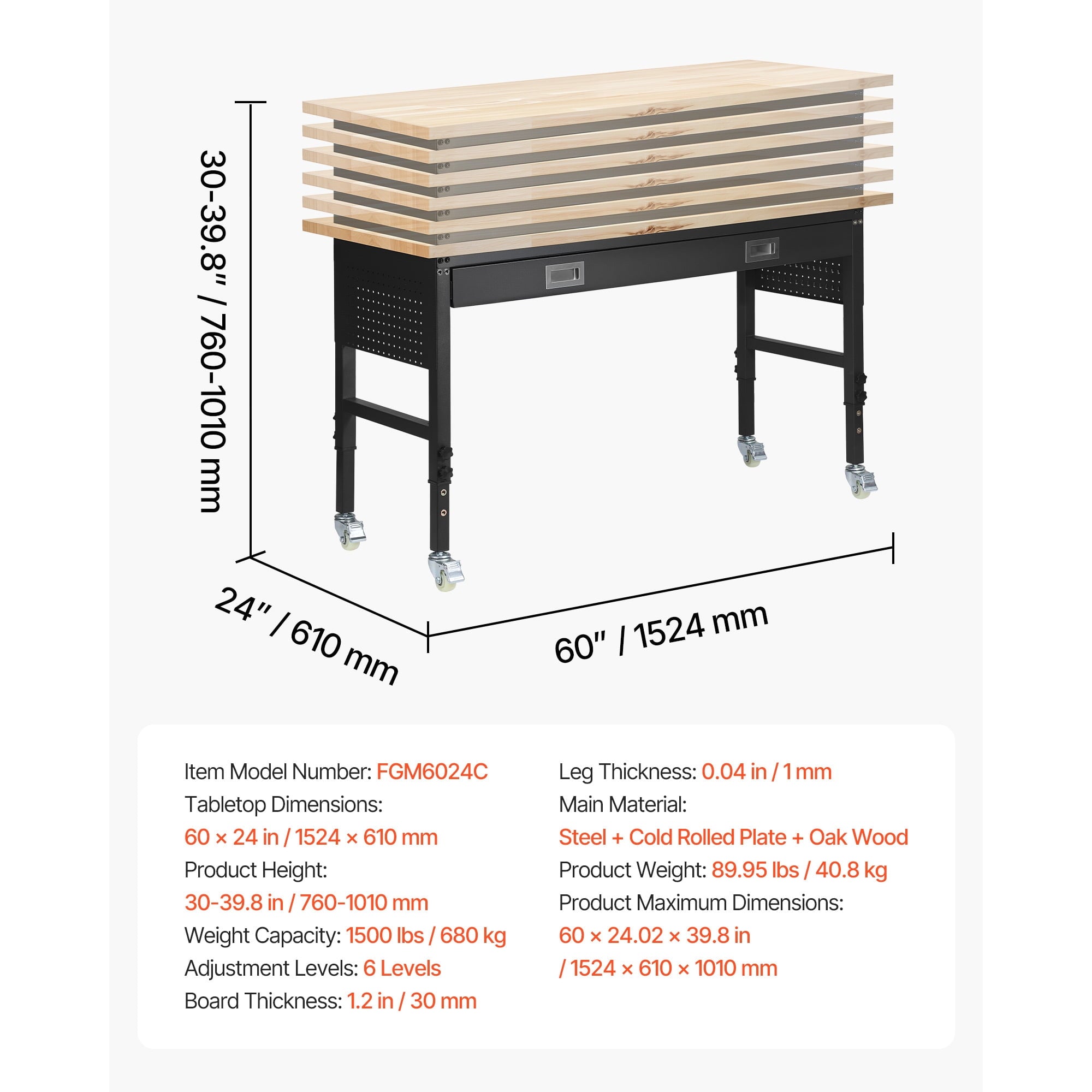 KFFKFF 60-inch Adjustable Workbench with Drawer, Power Outlet, Wheels, and Pegboard, Durable Oak Wood Top Work Table for Garage, Workshop, Office, and Home, Supports Up to 1500 lbs