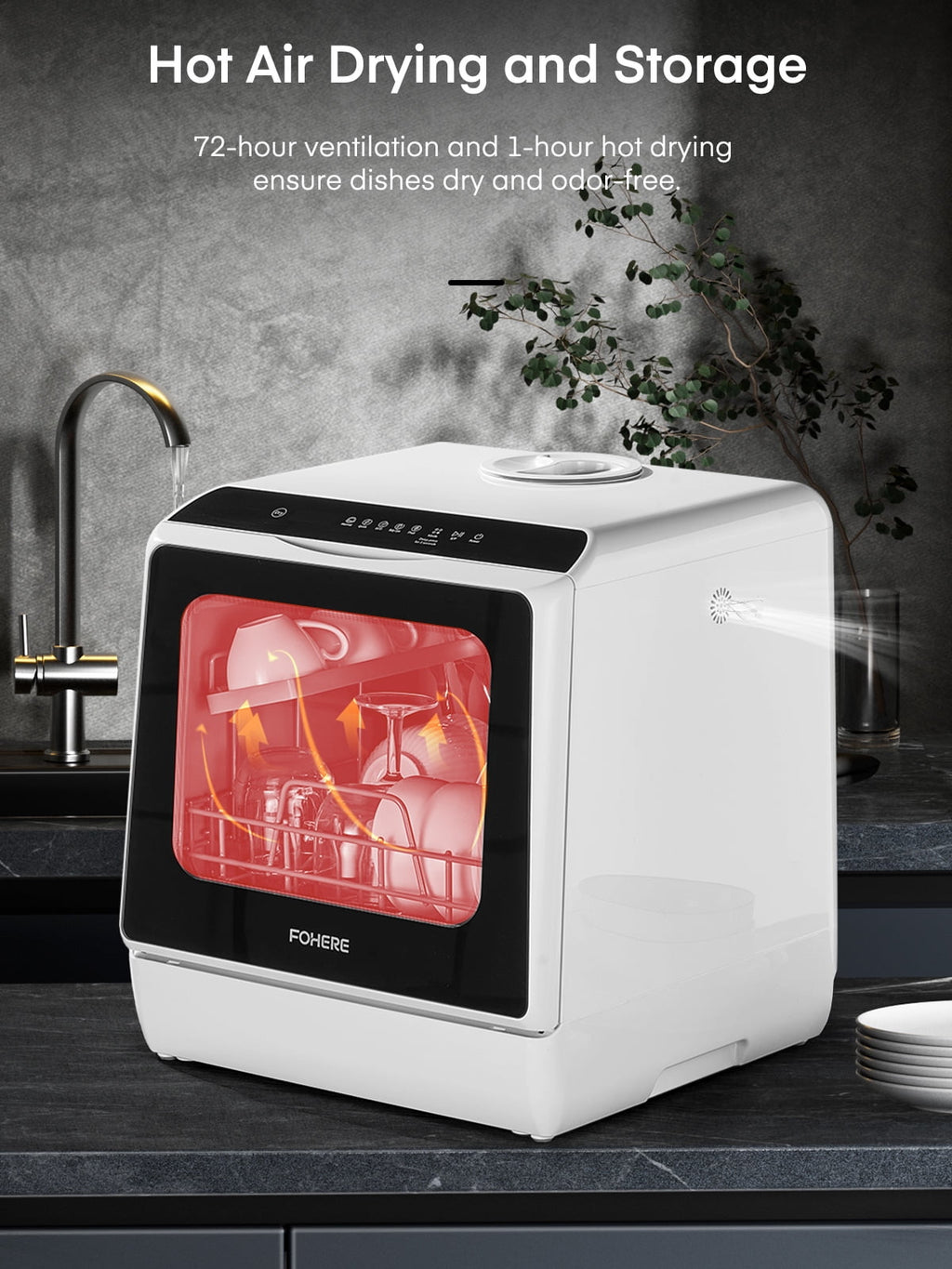 FOHERE Countertop Dishwasher with 6H Delay Cleaning, Portable Dishwasher w/5L Built-in Water Tank, 6 Programs, 360°Dual Spray, High-Temp