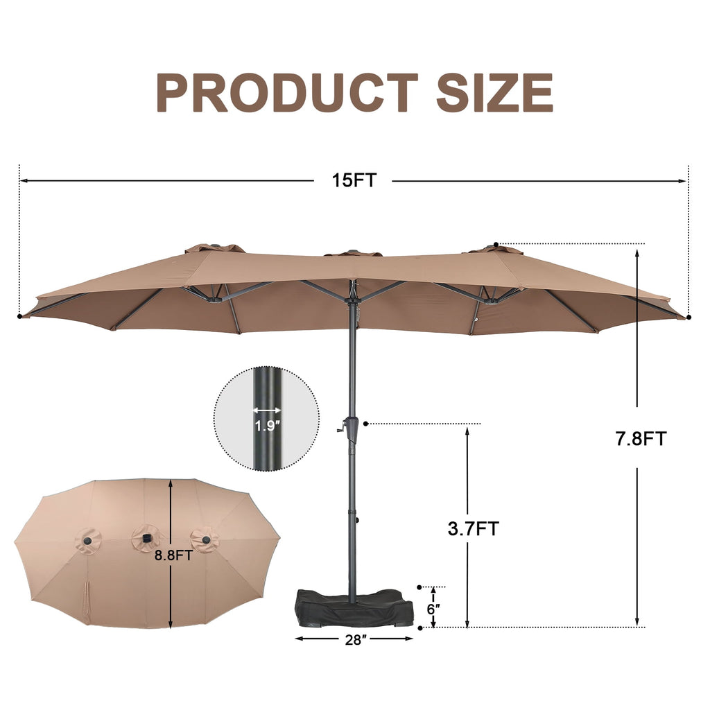 Ainfox 15ft Large Patio Umbrella with Solar Lights, Double-Sided Outdoor Rectangle Table Umbrellas with Sand Bag Base，Beige