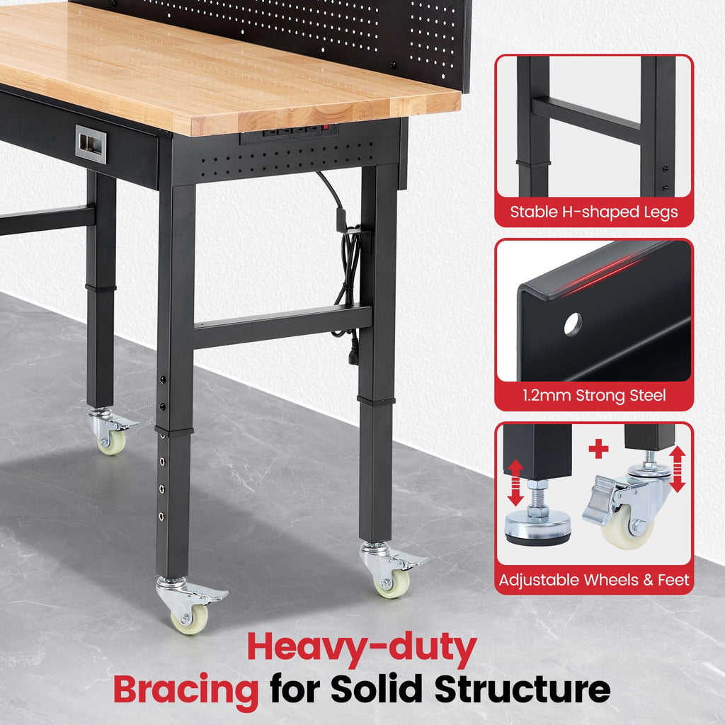 Workbench for Garage,ENJOYWOOD Heavy Duty 48 inch Wood Work Bench with Drawers,Led Lights, Pegboard and Wheels,Rubber Wood Tabletop,2000 LBS Load Bearing Workstation Garage Desk Table Worktable