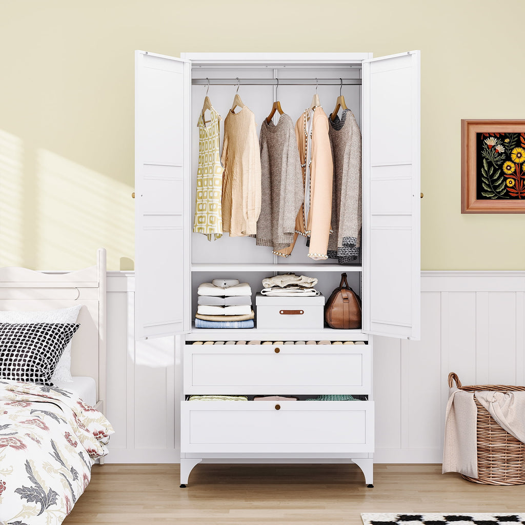 STANI Metal Wardrobe Closet with Hanging Rod, 72 White Armoire Wardrobe Cabinet with Adjustable Shelves, Clothes Storage Organizer Cabinets for Bedroom, Bathroom, Office
