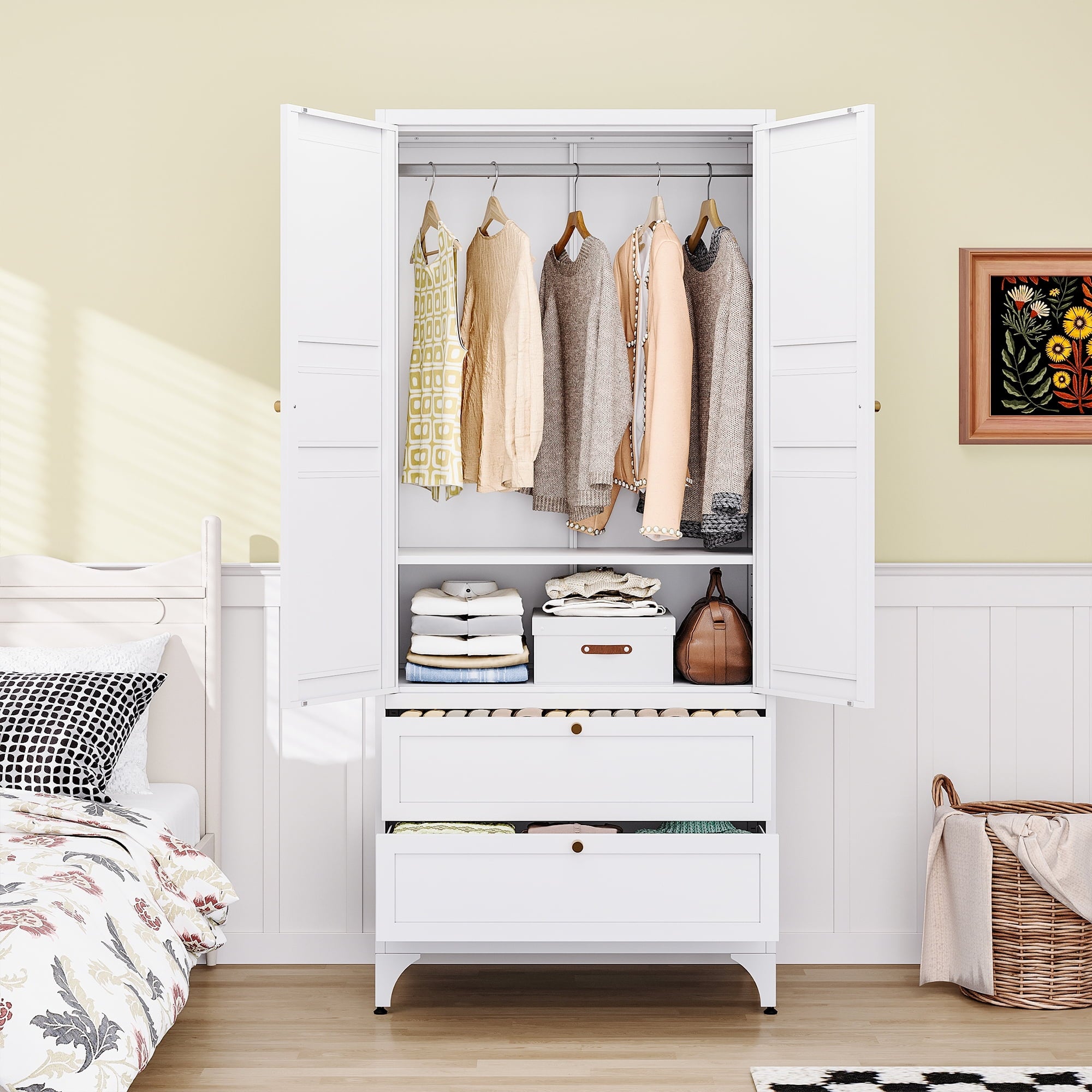 STANI Metal Wardrobe Closet with Hanging Rod, 72 White Armoire Wardrobe Cabinet with Adjustable Shelves, Clothes Storage Organizer Cabinets for Bedroom, Bathroom, Office