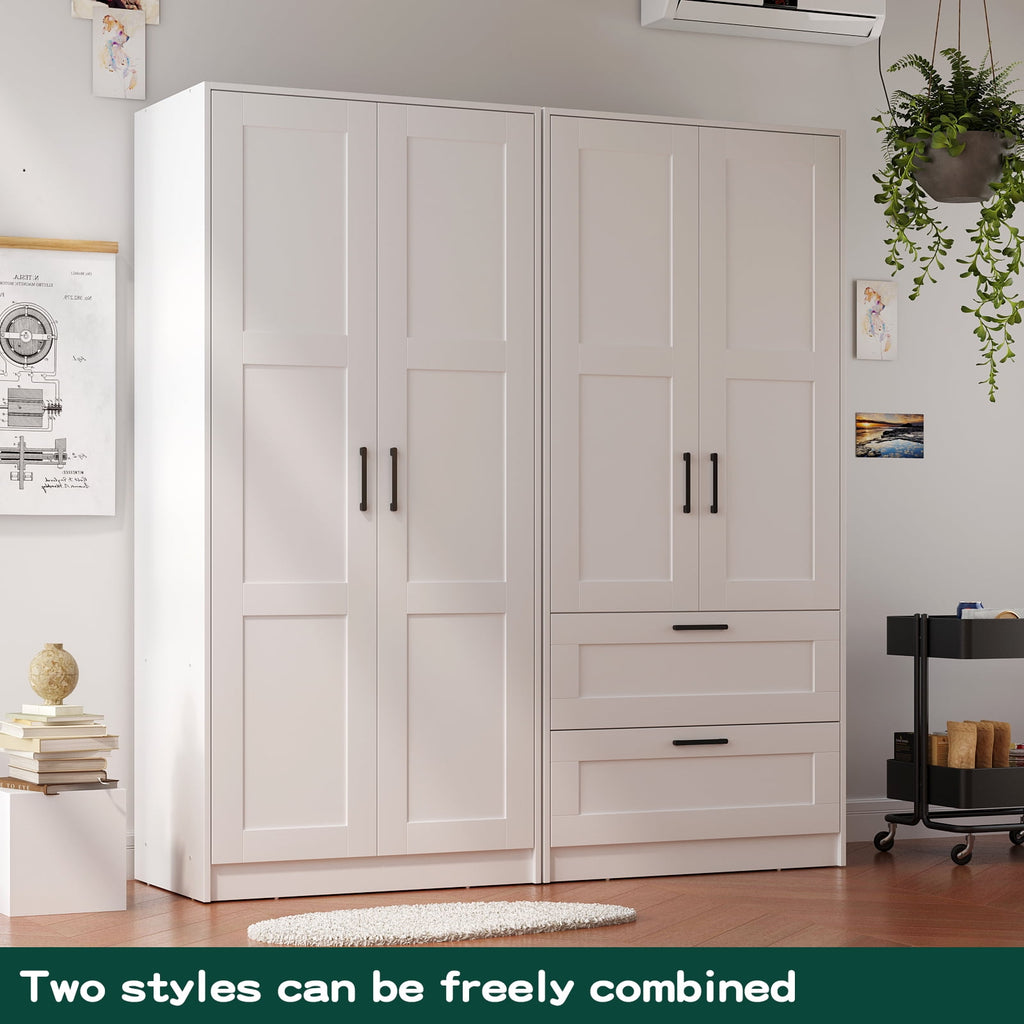 Wood White Wardrobe Closet with 2 Doors，Bedroom Freestanding Armoire Storage Cabinet with Shelves，Wooden Wardrobe Combination for Hanging Clothes