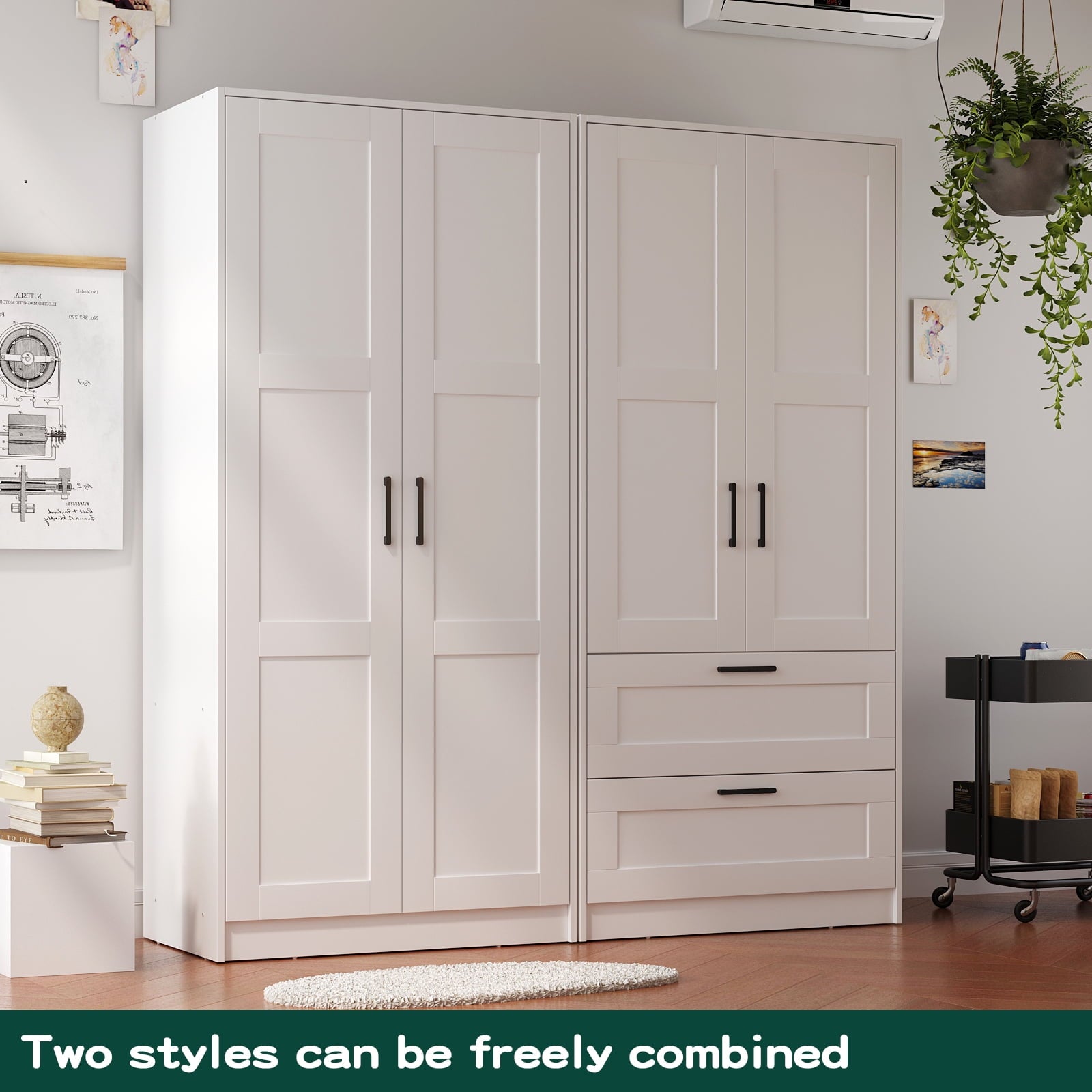 Wood White Wardrobe Closet with 2 Doors，Bedroom Freestanding Armoire Storage Cabinet with Shelves，Wooden Wardrobe Combination for Hanging Clothes