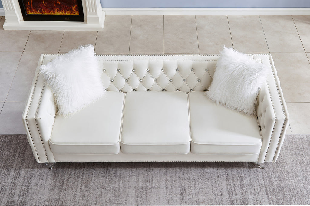 Gewnee 86.6 Modern Sofa Couch,Teddy Velvet 3 Seaters Comfy Couch with Deep Seat for Living Room,2 Pillows,Beige