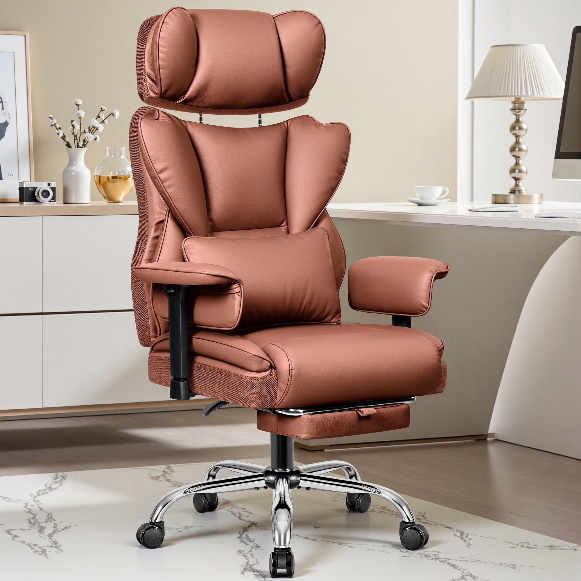 COOLHUT Big and Tall PU Leather Office Chair with Adjustable Headrest & Footrest, Executive Computer Desk Chair with 3D Adjustable Padded Armrest, Ergonomic Office Chair with Lumbar Support, Black
