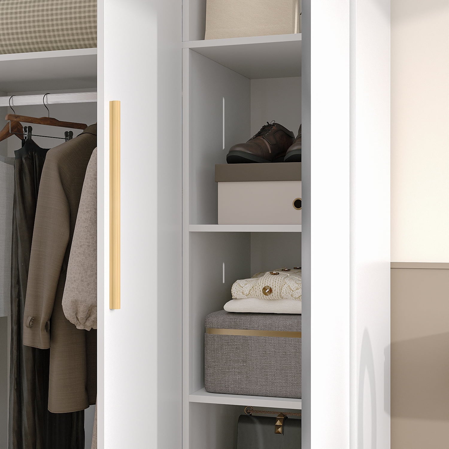 Wiawg 2 Door Wardrobe Armoire,Mirrored Closet Storage with Drawers and Shelves,White