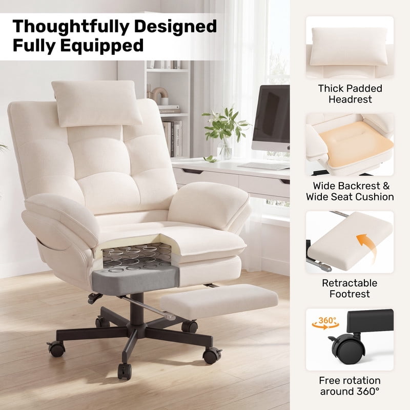 Hawsaiy Big and Tall Office Chair with Footrest, Ergonomic Executive Desk Chair with Flip-Up Arms, Reclining High Back Computer Chair with Headrest & Side Pockets, White