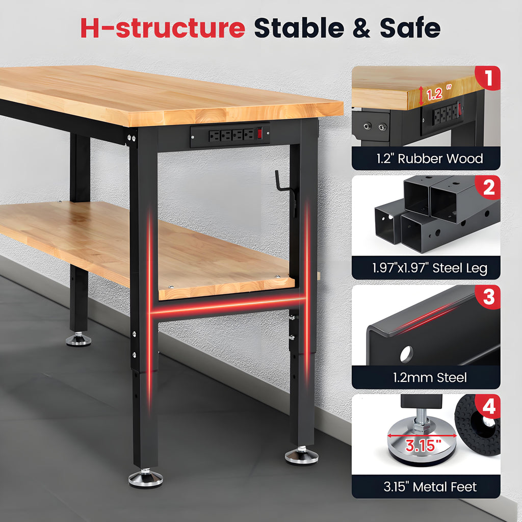 Workbench for Garage,ENJOYWOOD Heavy-Duty 60 inch 2 Tier Wood Work Bench with Storage Pegboards,Rubber Mat,Power Outlets, Rubber Wood Tabletop 2000 LBS Load Bearing Workstation Garage Desk Work Table