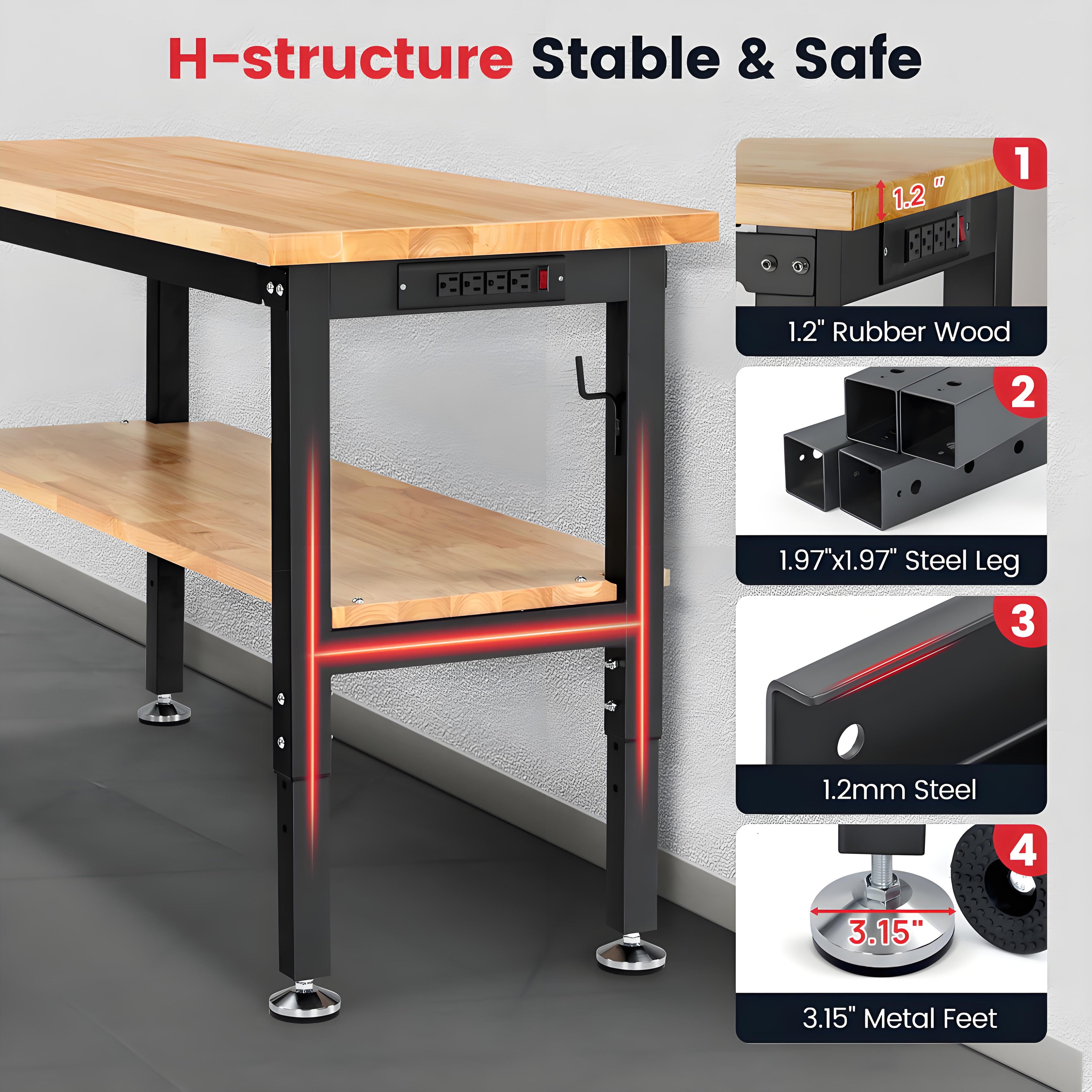 Workbench for Garage,ENJOYWOOD Heavy-Duty 60 inch 2 Tier Wood Work Bench with Storage Pegboards,Rubber Mat,Power Outlets, Rubber Wood Tabletop 2000 LBS Load Bearing Workstation Garage Desk Work Table