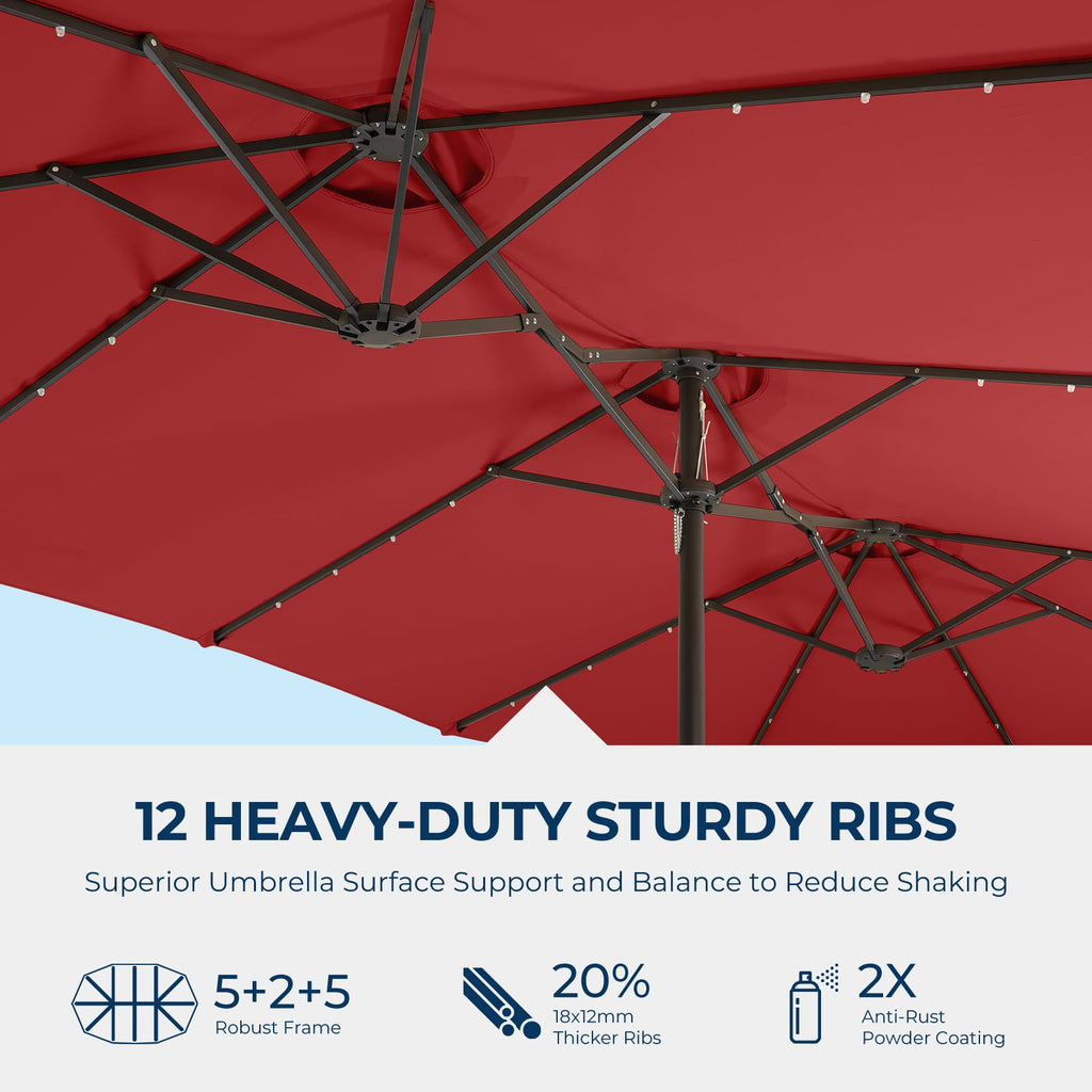 Patbrela 15ft Patio Umbrella with Light and Base, Double Sided  Large Rectangular Outdoor Umbrella with Crank Handle, for Garden, Yard, Poolside and Outdoor Activities, Gray