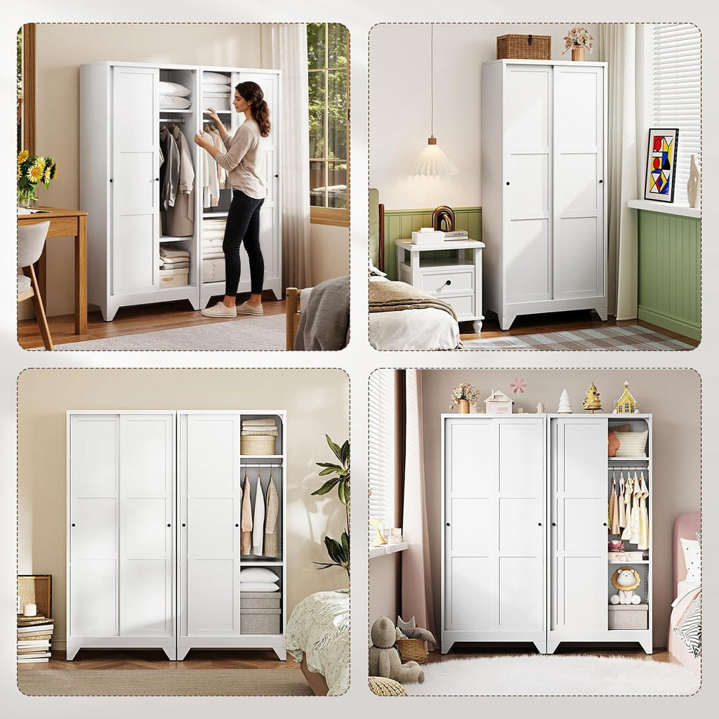 Wardrobe Closet,20 Deep Armoire Wardrobe Cabinets with Sliding Doors and Shelves,Narrow Slim Coat Closet Cabinet with Hanging Rod for Home (White)